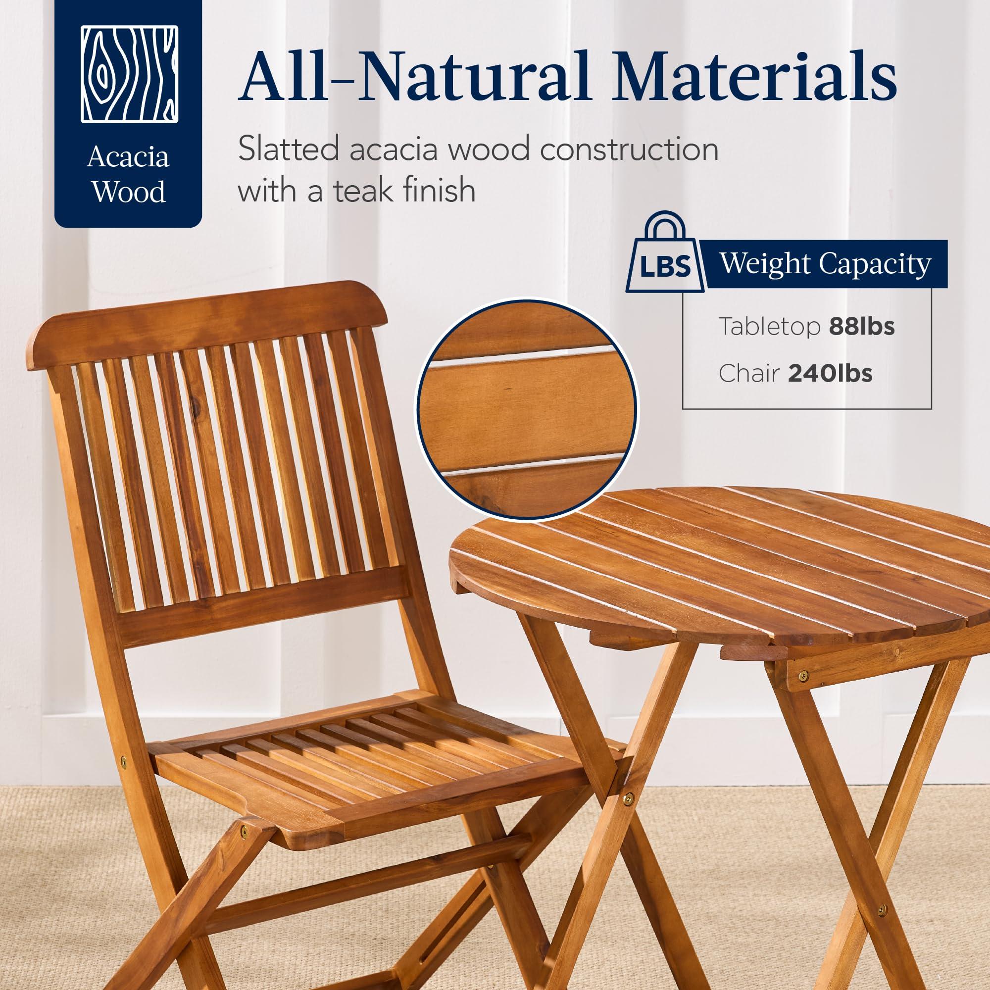 Best Choice Products 3-Piece Acacia Wood Bistro Set, Folding Patio Furniture for Backyard, Balcony, Deck w/ 2 Chairs, Round Coffee Table, Teak Finish - Natural - Image 4