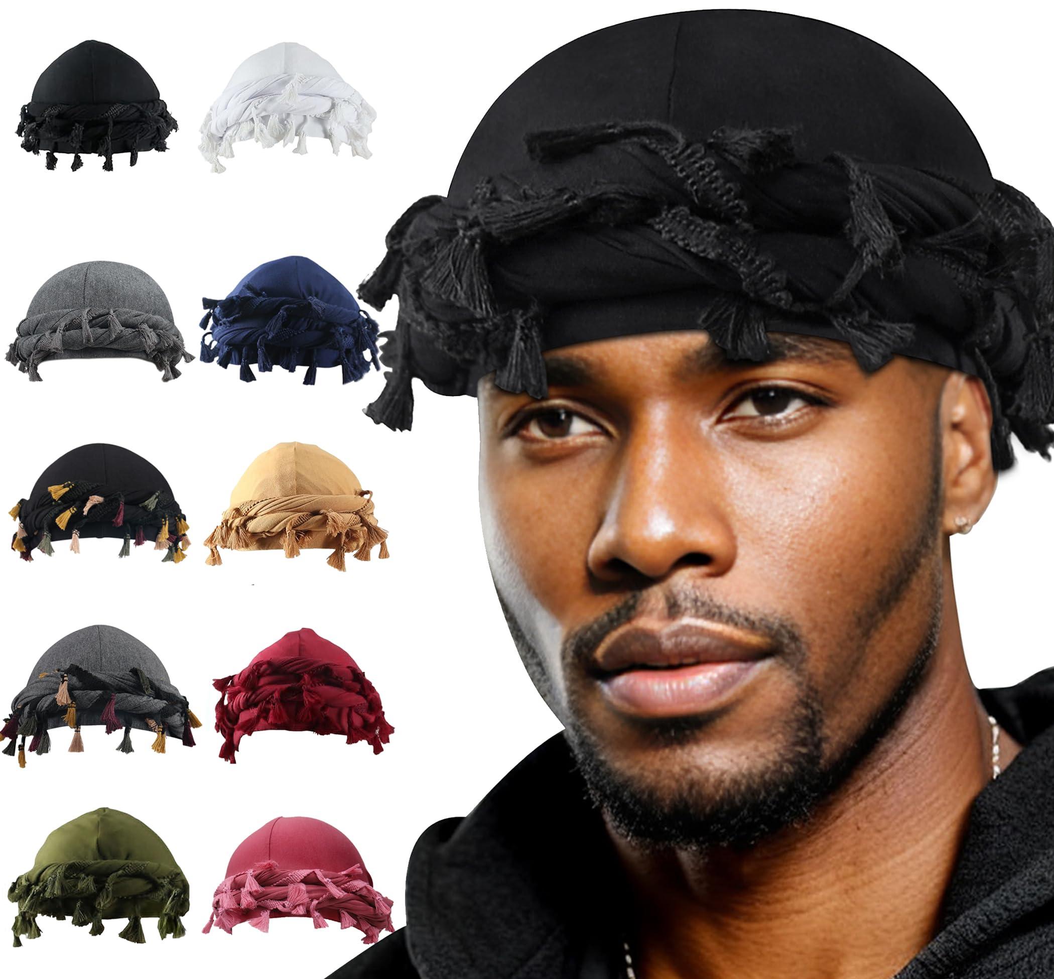 Babalet Halo Turban for Men Women Satin Lined Durag Head Wraps Skull Cap Pre-Tied Tassels Braid Beanie Vintage Twist Bonnet