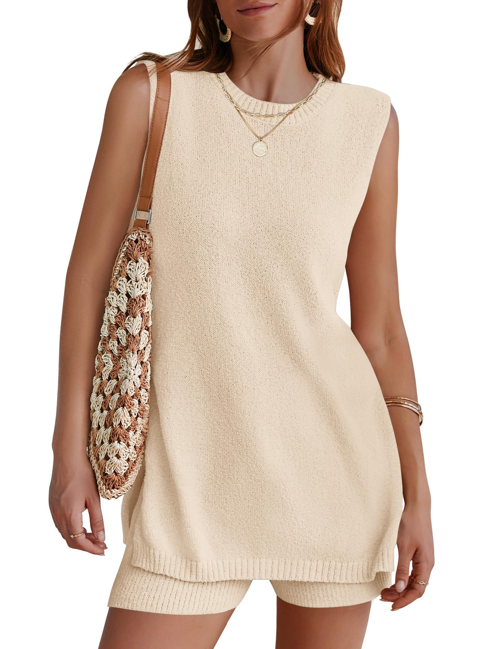 NENONA Women's Summer Sleeveless Sweater Lounge Sets Casual Loose Fit Tunic Tops and Shorts 2 Piece Vacation Outfits