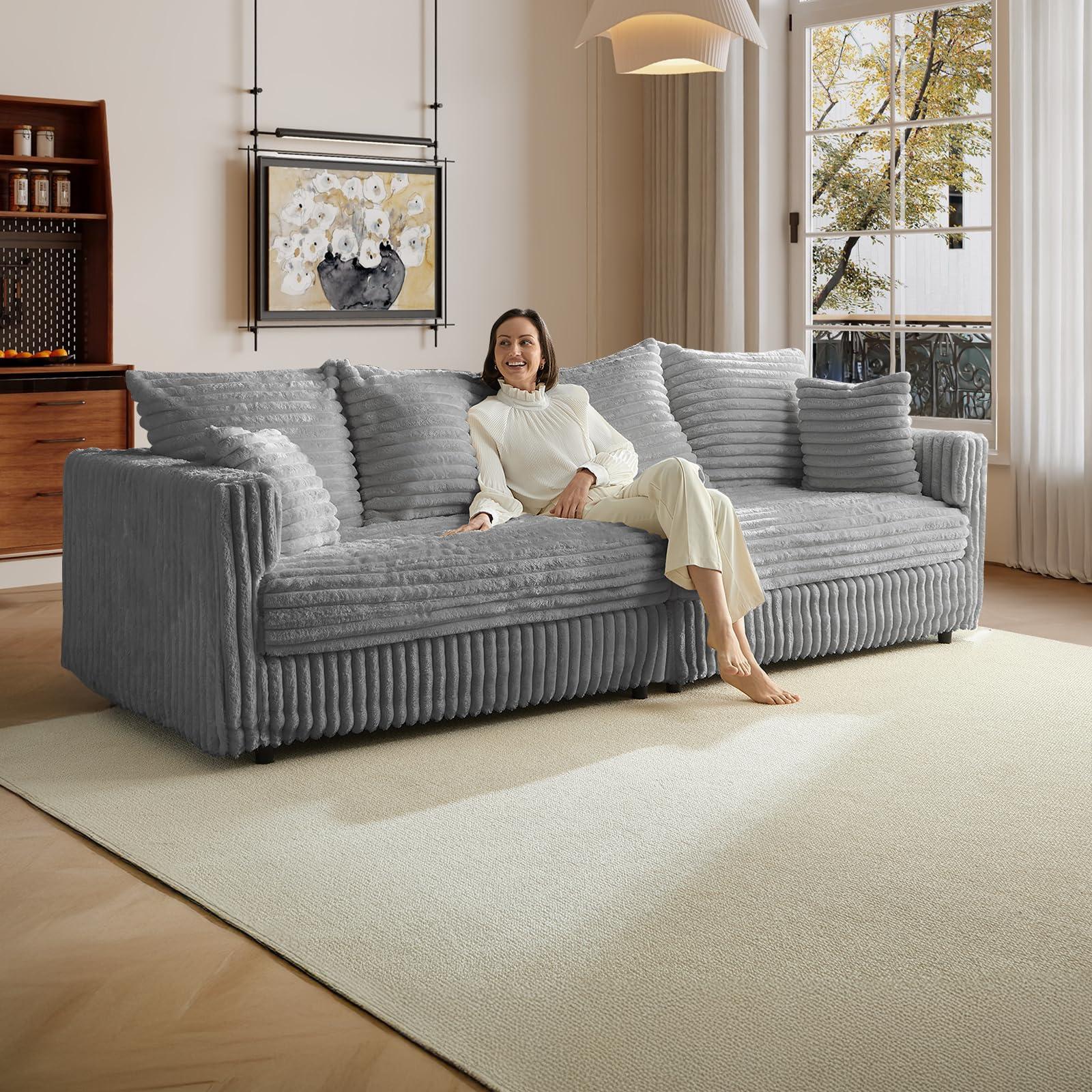 MJQFVM 104.3'' Cloud Couch, 4 Deep Seat Convertible Modular Sectional Sofa, Plush Corduroy & Memory Foam Couches with 6 Soft Pillows for Living Room, Apartment (Grey)