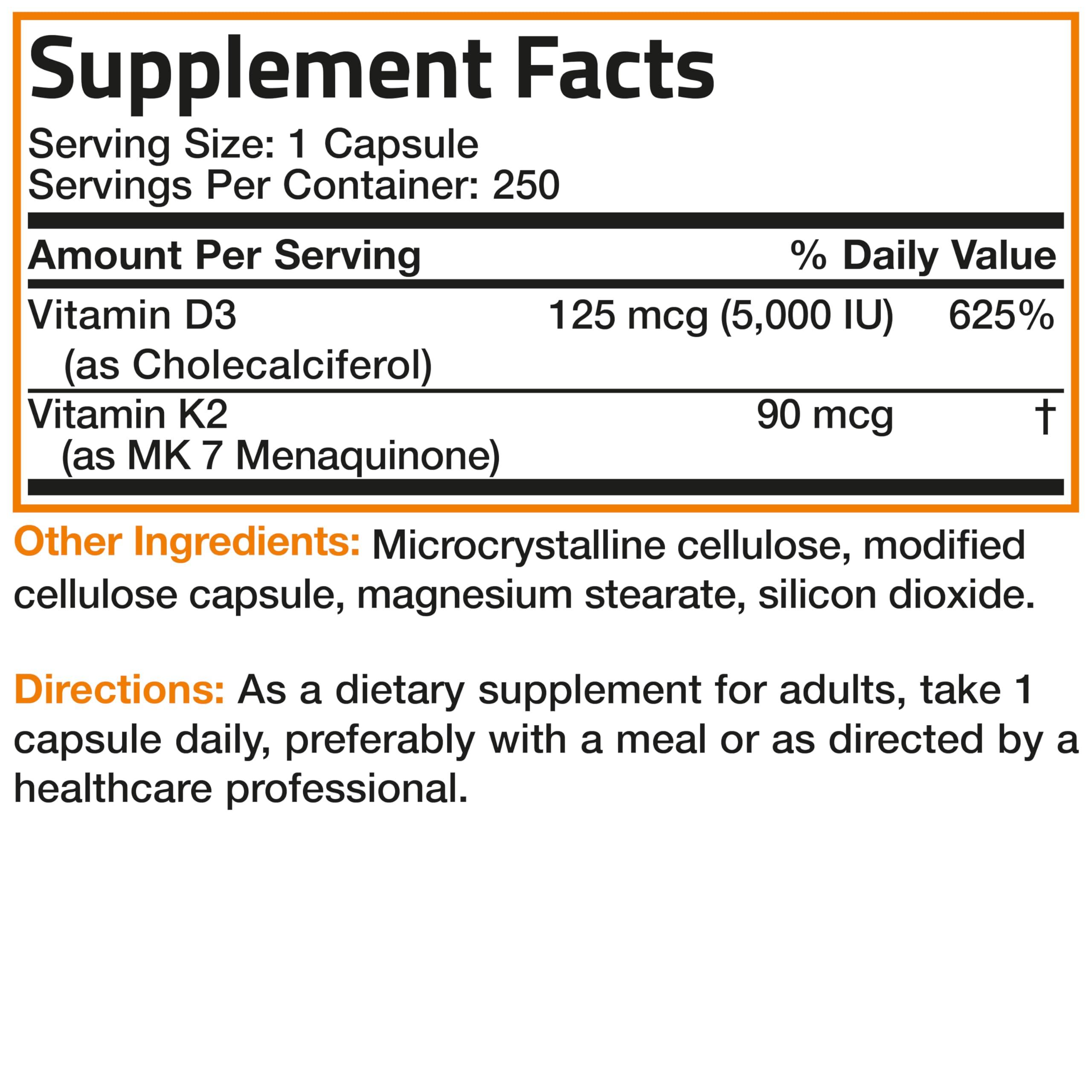 Bronson Vitamin K2 (MK7) with D3 Supplement Non-GMO Formula 5000 IU Vitamin D3 & 90 mcg K2 MK-7 Easy to Swallow D & K Complex, 250 Capsules - Image 8