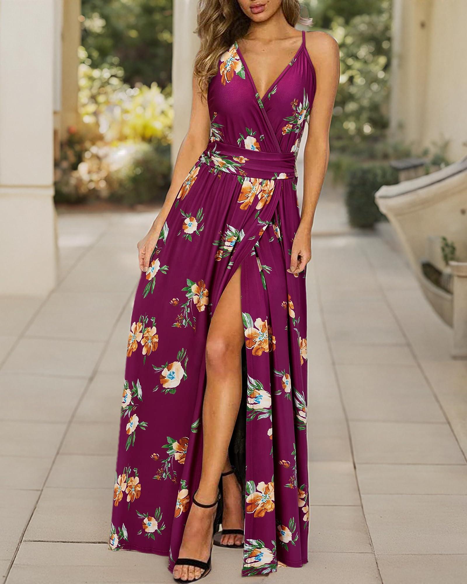 Newshows Women Summer 2025 Maxi Dress Vacation Floral Spaghetti Strap Spring Casual Boho Split Beach Long Flowy Sundress - Image 8