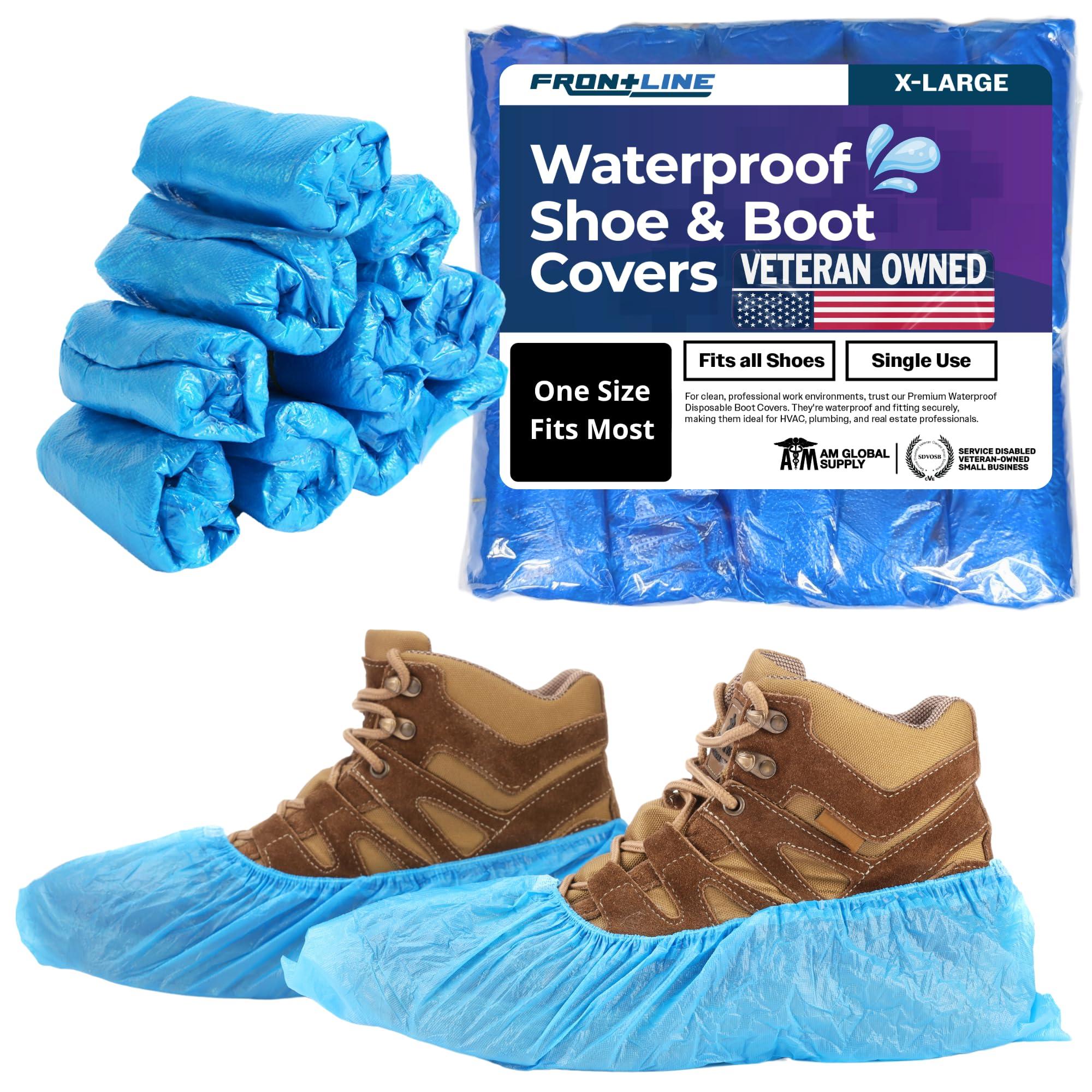 Frontline Shoe Covers Disposable Waterproof, Recyclable Premium Thick Plastic, SLip Resistance, Durable, Booties for Shoes, XL One Size Fits Most, Indoor Outdoor Shoe Covers (100)