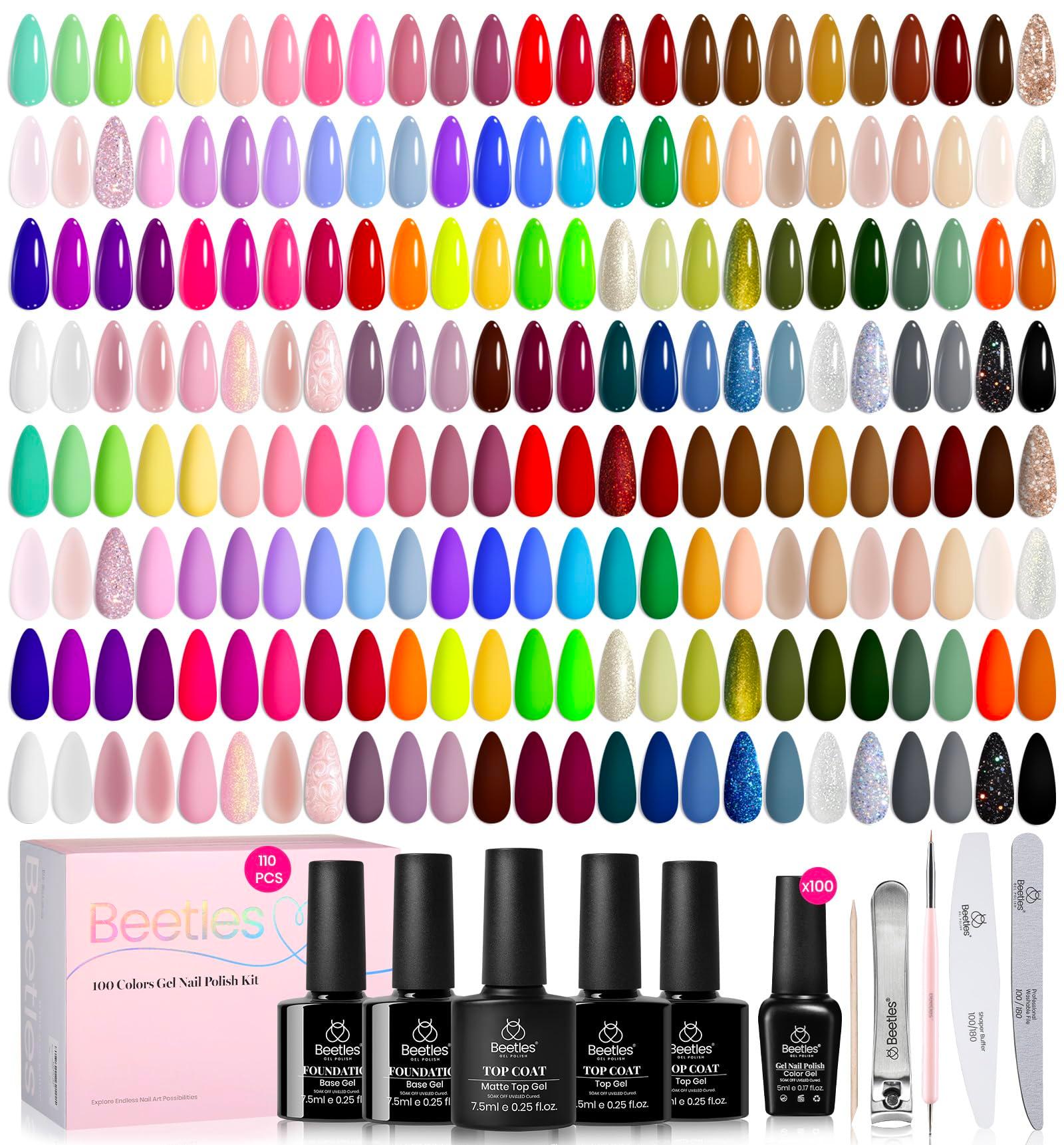 Beetles 110 PCS Gel Nail Polish Set, 100 Colors Infinite Inspiration All Season Red Brown Green Black Gel Polish with 5Pcs Base Top Coat Soak off UV Gel for Manicure Lovers DIY at Home Gifts for Women