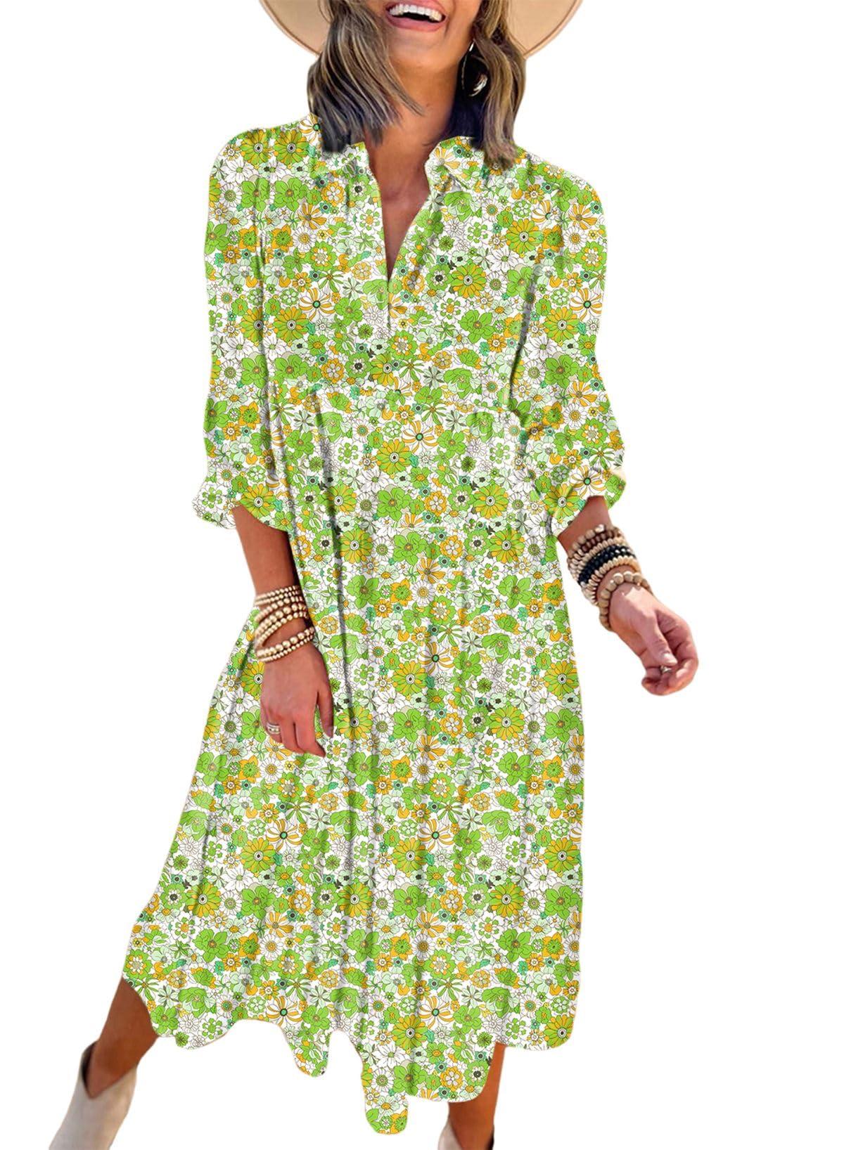 Dokotoo Women's Casual Loose Bohemian Floral Dresses 2025 Long Puff Sleeve V Neck Ruffle A Line Flowy Summer Beach Dress