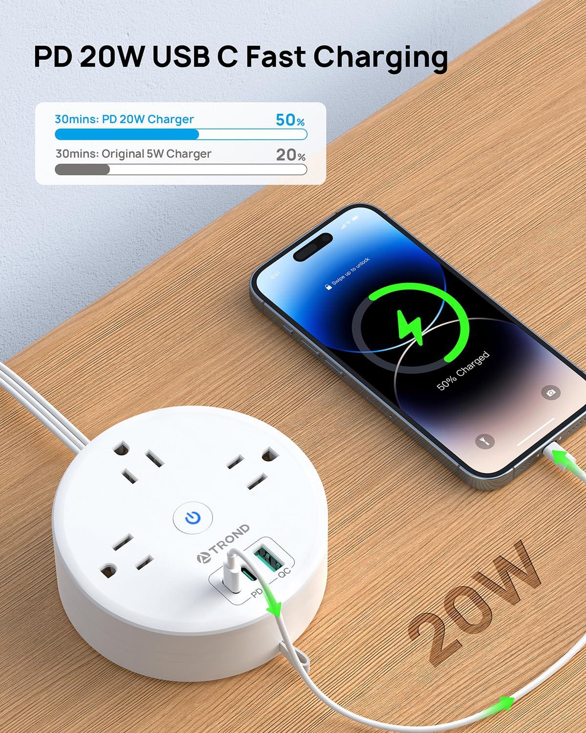 TROND 20W USB C Travel Power Strip - Retractable Extension Cord 5ft Ultra Thin Flat Plug, Power Strip with 3 AC Outlets and USB C Fast Charging, Cruise Ship Essentials, for Home Hotel Dorm Room, White - Image 2