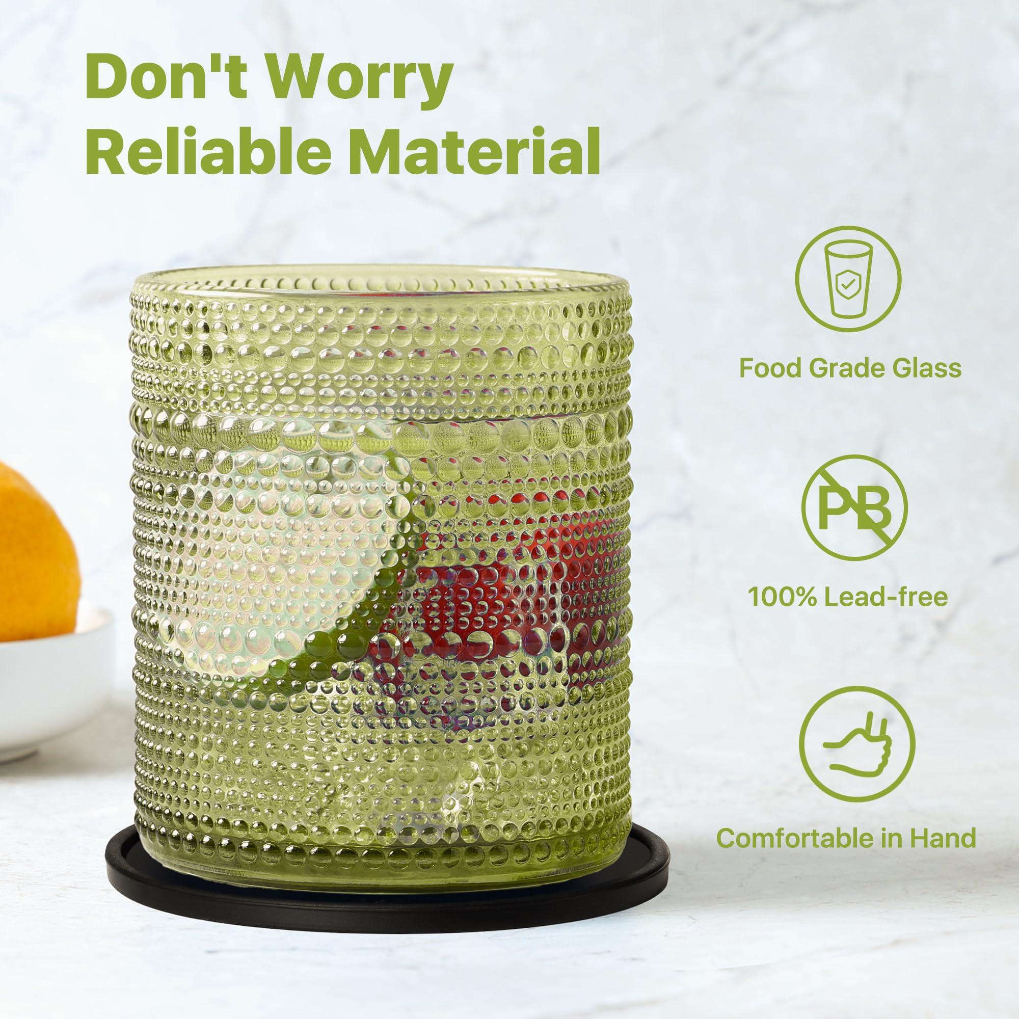 DmmyAlzx Hobnail Drinking Glasses Set of 12 Count, Vintage Glassware, Old Fashioned Glasses, 6 Highball Bubble Drinking Cups 15 oz, 6 Rocks Cups 14.5 oz with 12 Silicone Coasters, Green - Image 5