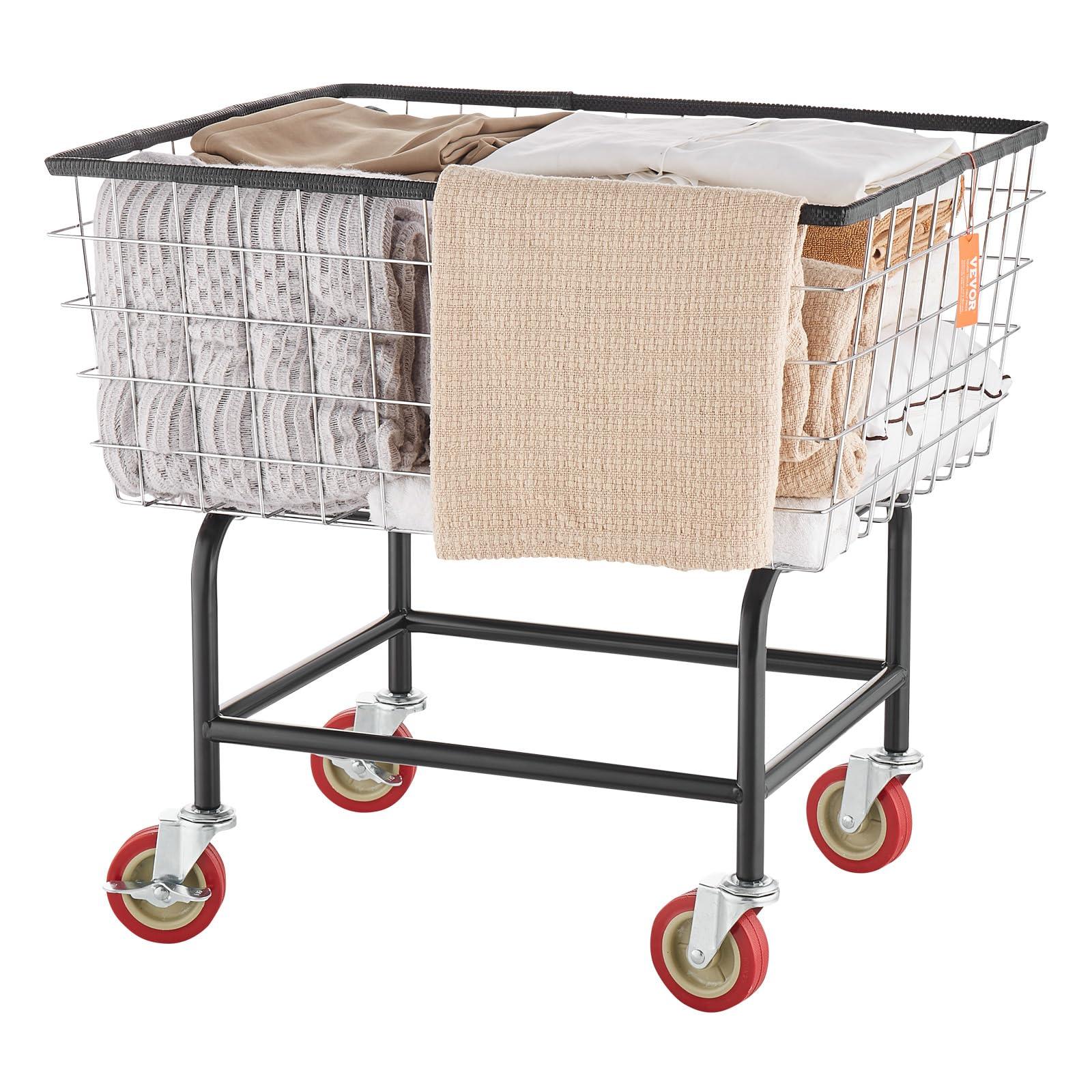 VEVOR Wire Laundry Cart, 2.8Bushel Wire Laundry Basket with Wheels, 26.7''x21.7''x26.4'' Commercial Wire Laundry Basket Cart, Steel Frame with Chrome Finish, 4" Casters