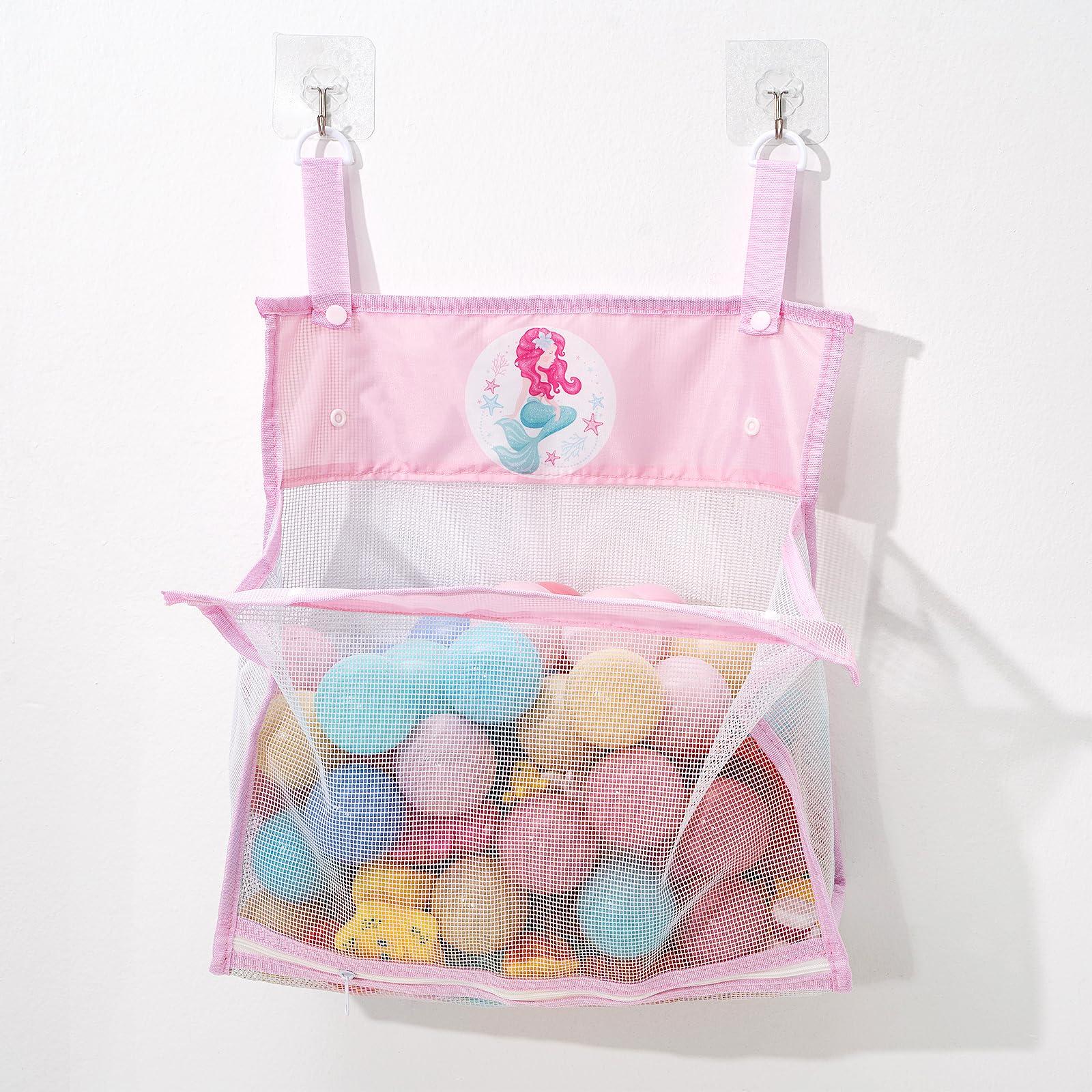 Gealaek Bath Toy Organizer Storage for Kids Mesh Bath Toy Holder with Large Capacity Multiple Hanging Options & Bottom Zipper for Easy Access (Pink Mermaid) - Image 8