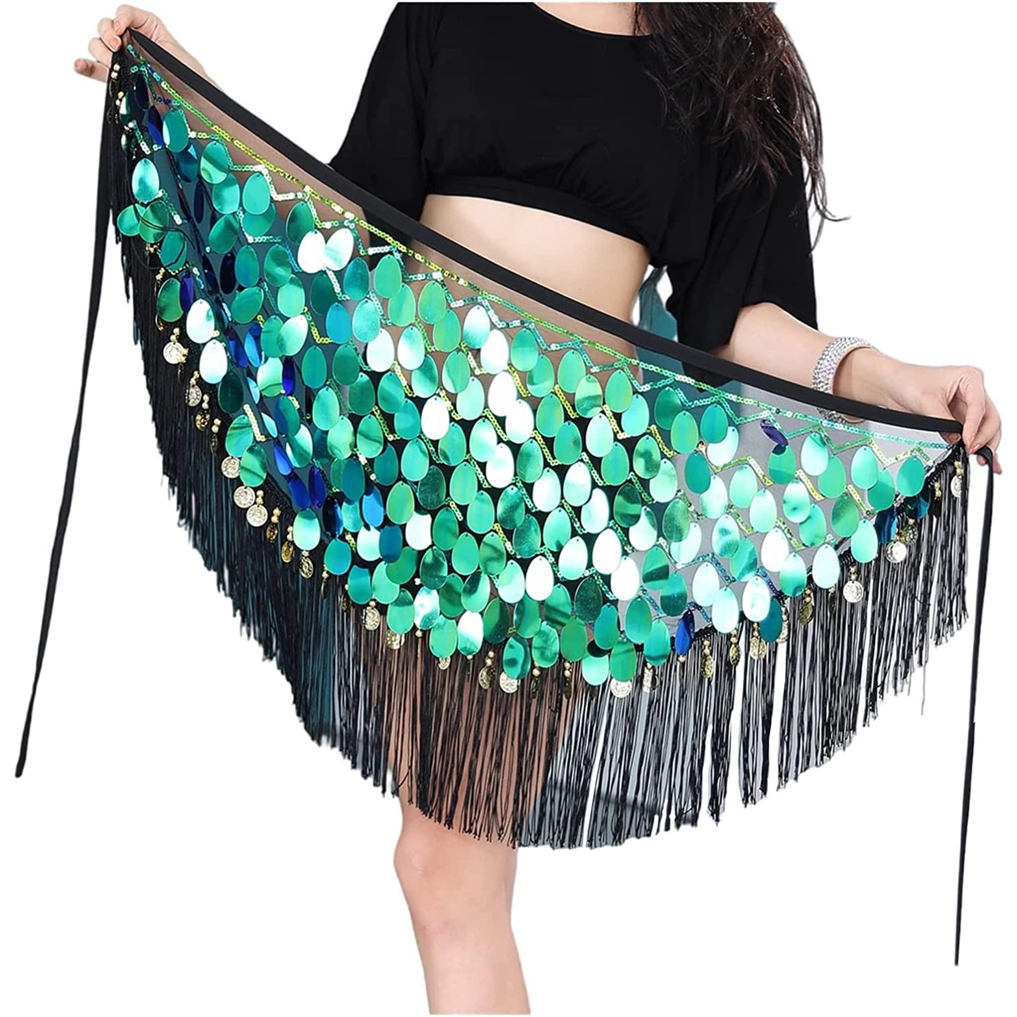 Wuchieal Belly Dance Fringe Hip Scarf Festival Bling Sequins Tassel Skirt Rave Shinny Glitter Skirts