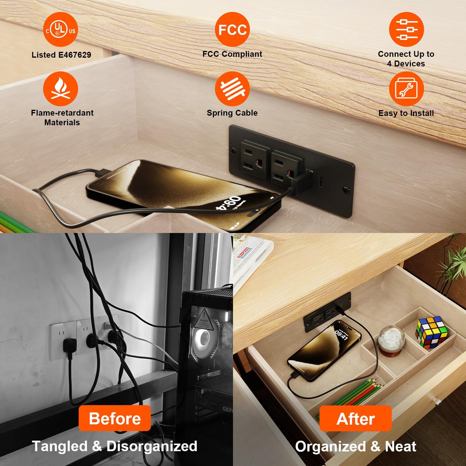OELFFOW Drawer Outlet Kit, Recessed Furniture Power Strip - Clutter-Free Drawer Socket with USB-A, USB-C & (2) 12 amp AC Ports, 6.9FT Power Cord, Spring Cable, Clips and Screws Included, UL Listed - Image 5