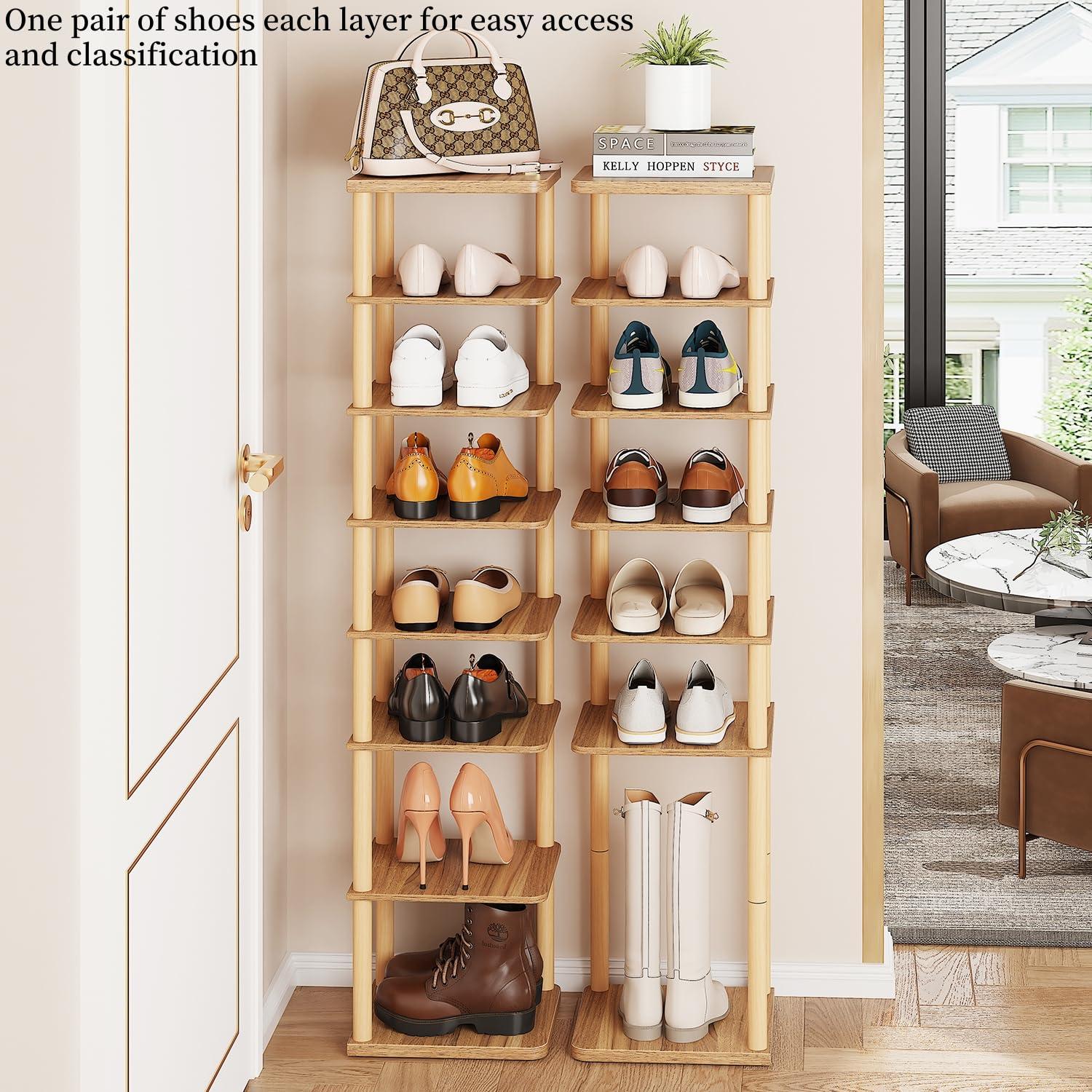 LUCKNOCK Vertical Shoe Rack, 8-Tier Tall Narrow Shoe Organizer for Entryway, Closet, Dorm & Small Spaces, Freestanding Wooden Shoe Shelf Tower for Boots, Sneakers, Heels. (Walnut) - Image 4