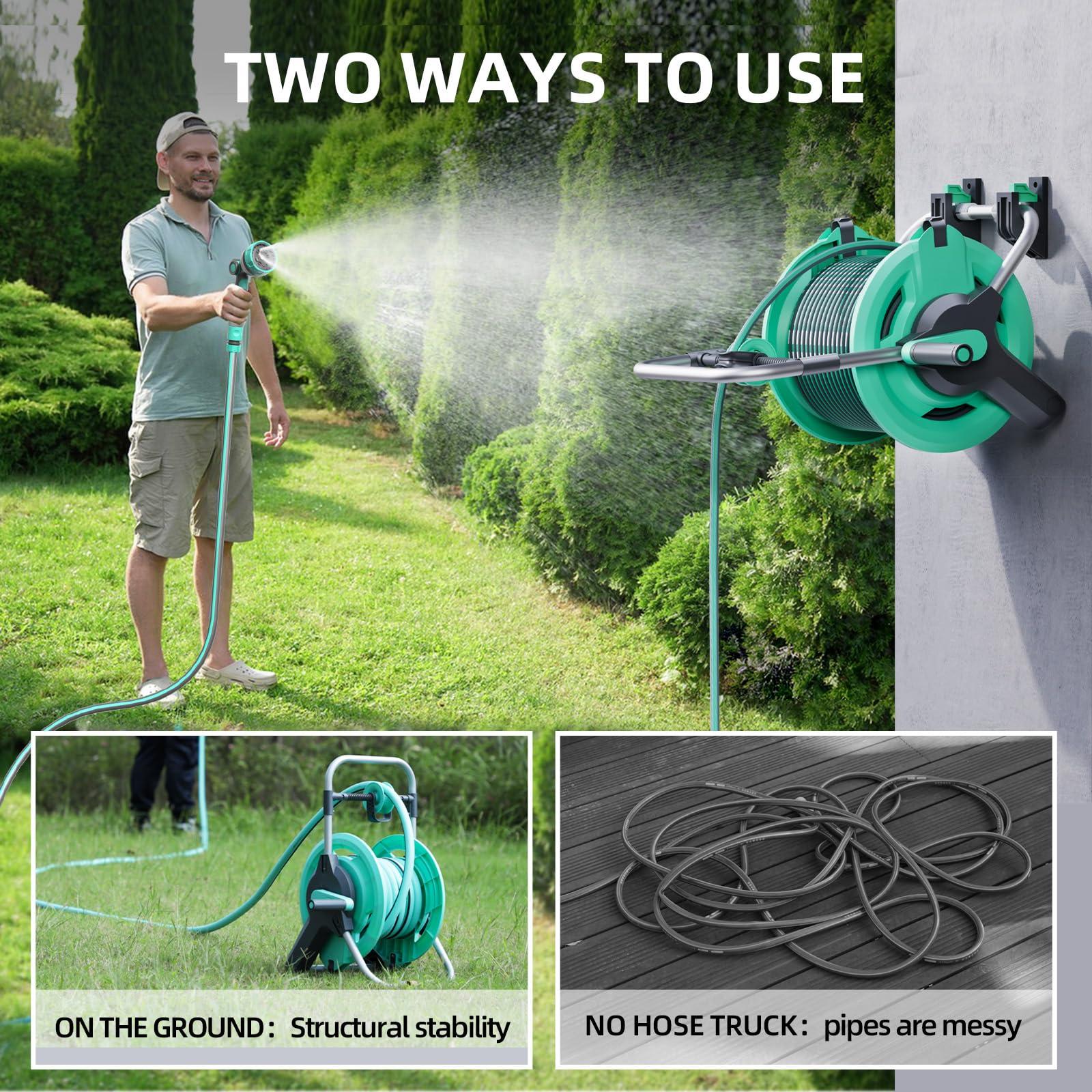 HVNPSH Portable Garden Hose Reel Cart, Hold Up to 50-75 Ft Hose, Wall Mounted Water Hose Reel, Mobile Garden Hose Holder Tools With Built-In Guide, for Outside Car Washing, Watering - Image 3