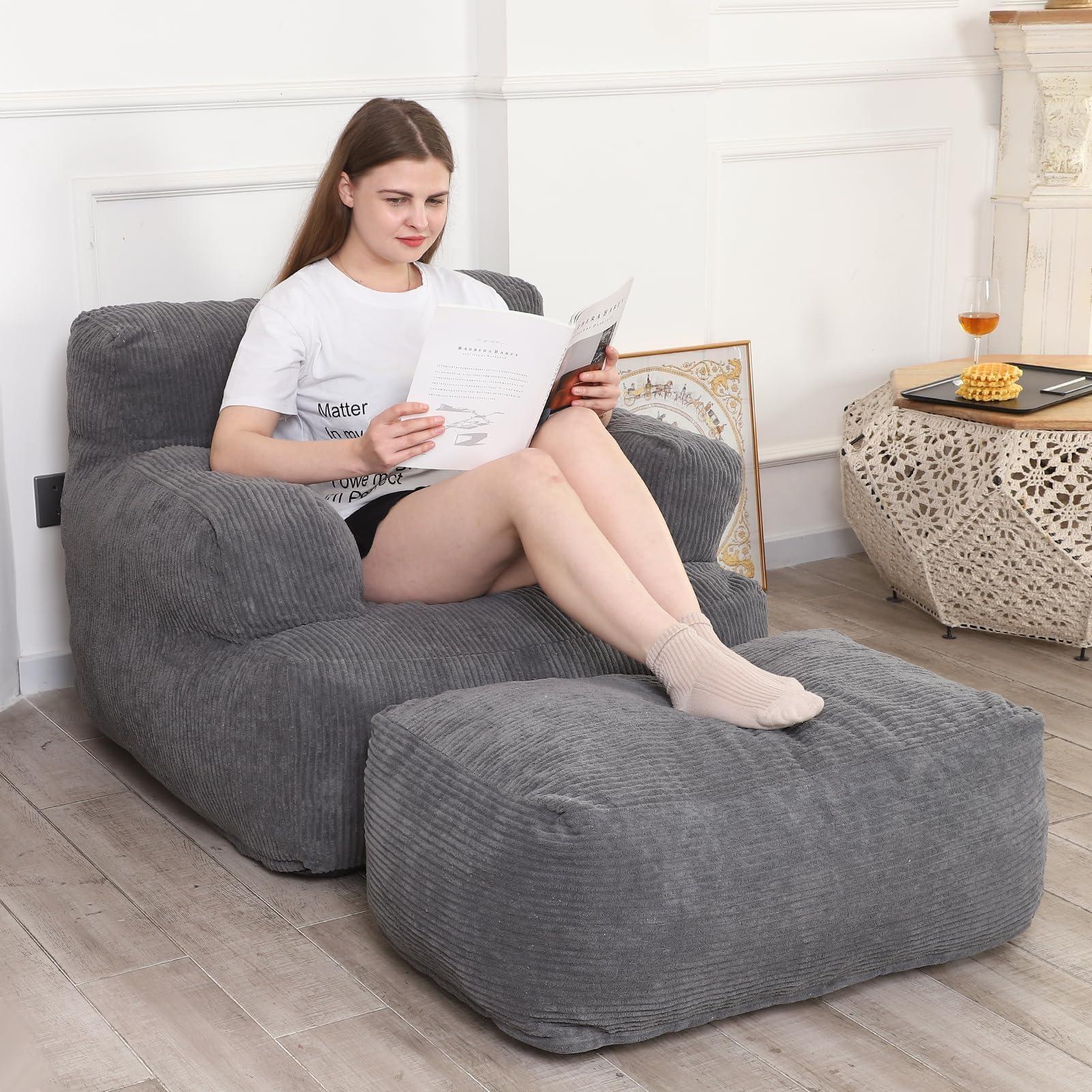 Giant Bean Bag Chair for Adults, Bean Bag Sofa Chair with Ottoman, Comfy Reading Chair for Dorm Room, Dark Grey - Image 3