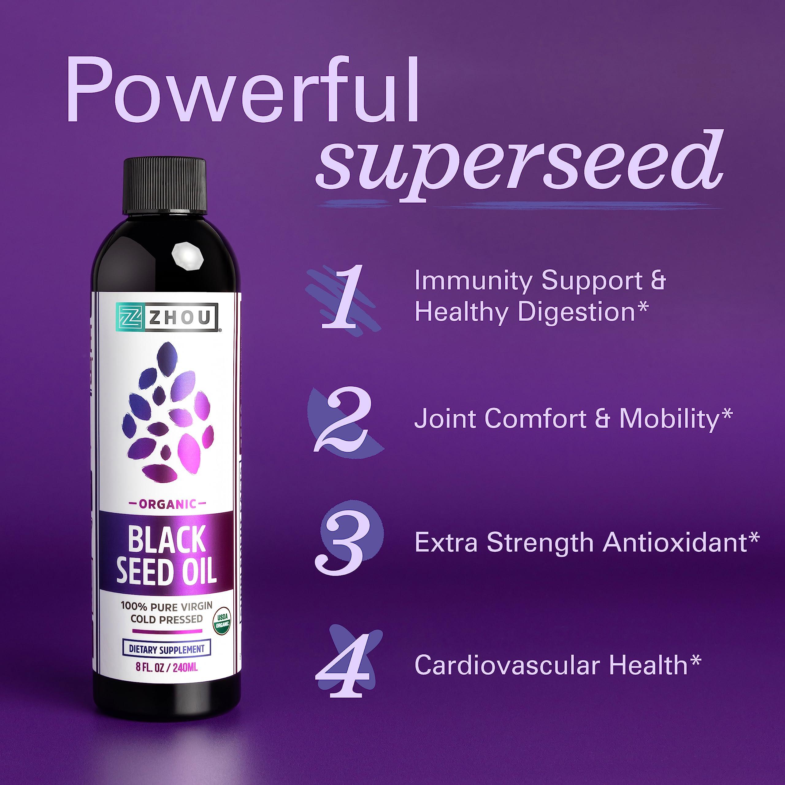 Zhou Organic Black Seed Oil - Black Cumin Seed Oil Cold Pressed, Nigella Sativa, Pure Unrefined Blackseed Liquid, Premium Supplement for Health with Thymoquinone, Omega 3 6 9 - 8 Fl Oz (Pack of 1) - Image 2