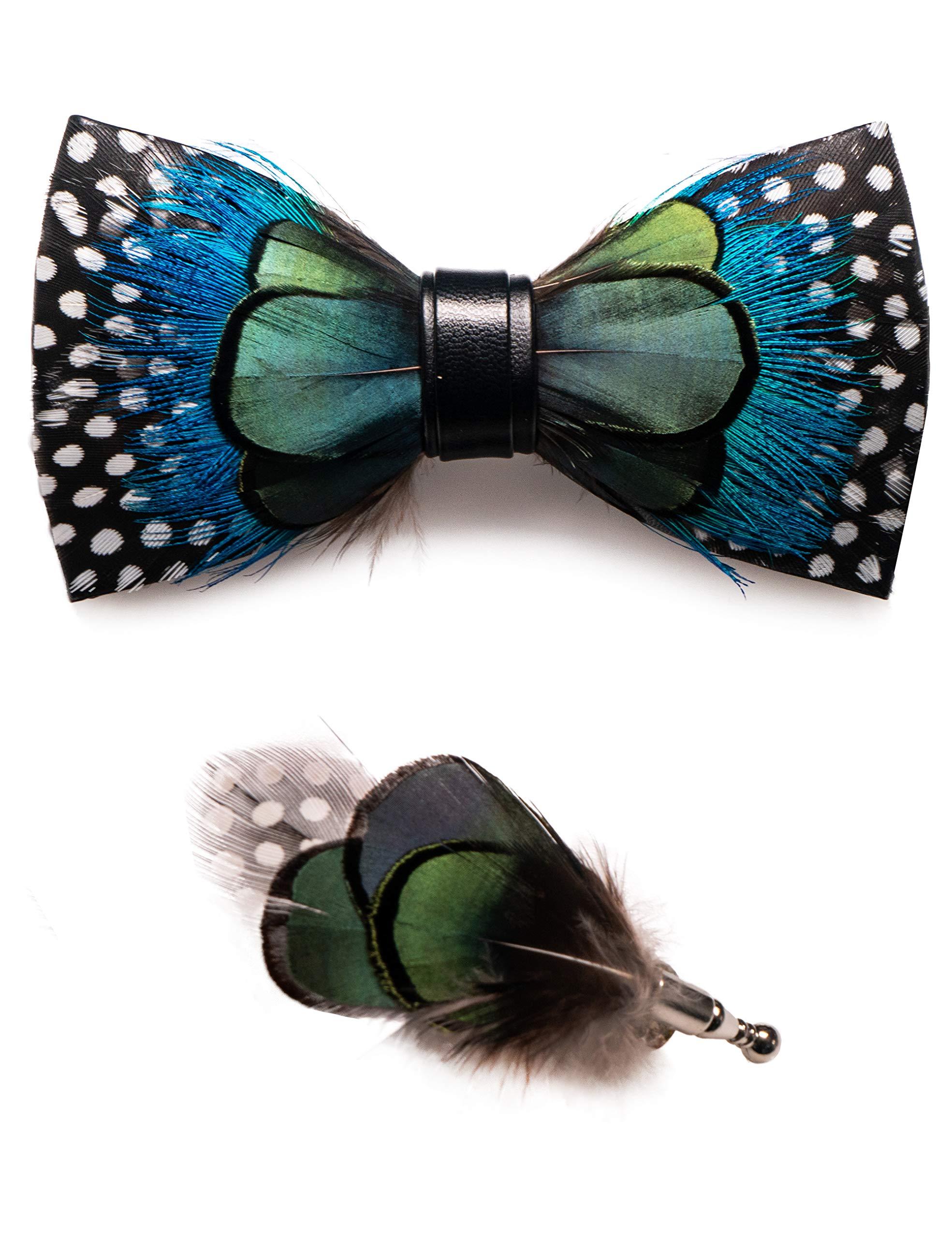 RBOCOTT Handmade Feather Pre-tied Bow tie and Brooch Sets for Men