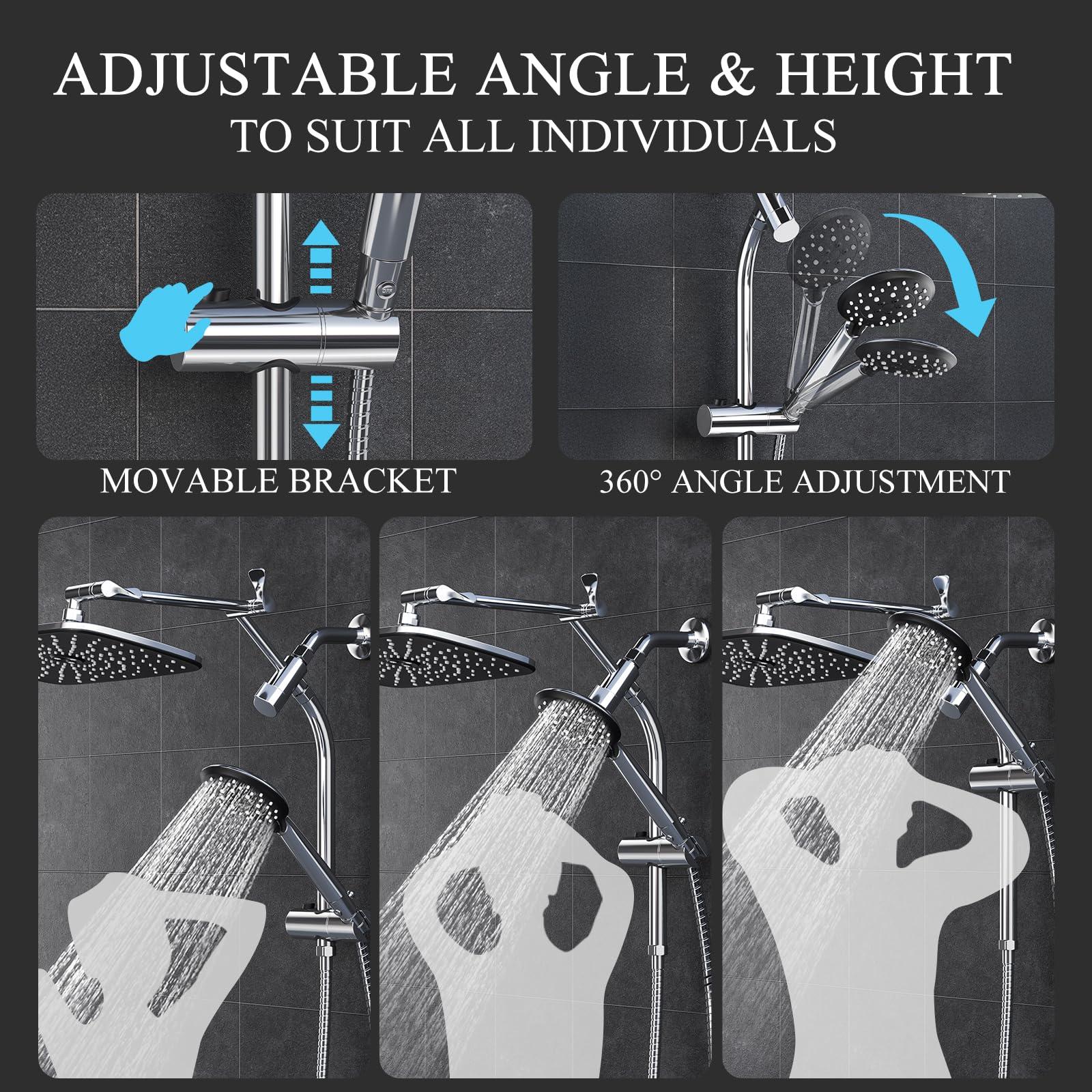 Veken 11.8 Inch Rain Shower with 6 Modes Handheld Water Spray,Upgraded 2-in-1 Slide Bar Shower Head,Wide Showerhead Combo for Bathroom Accessories, Adjustable Dual Shower with Arm，Silver Chrome - Image 5