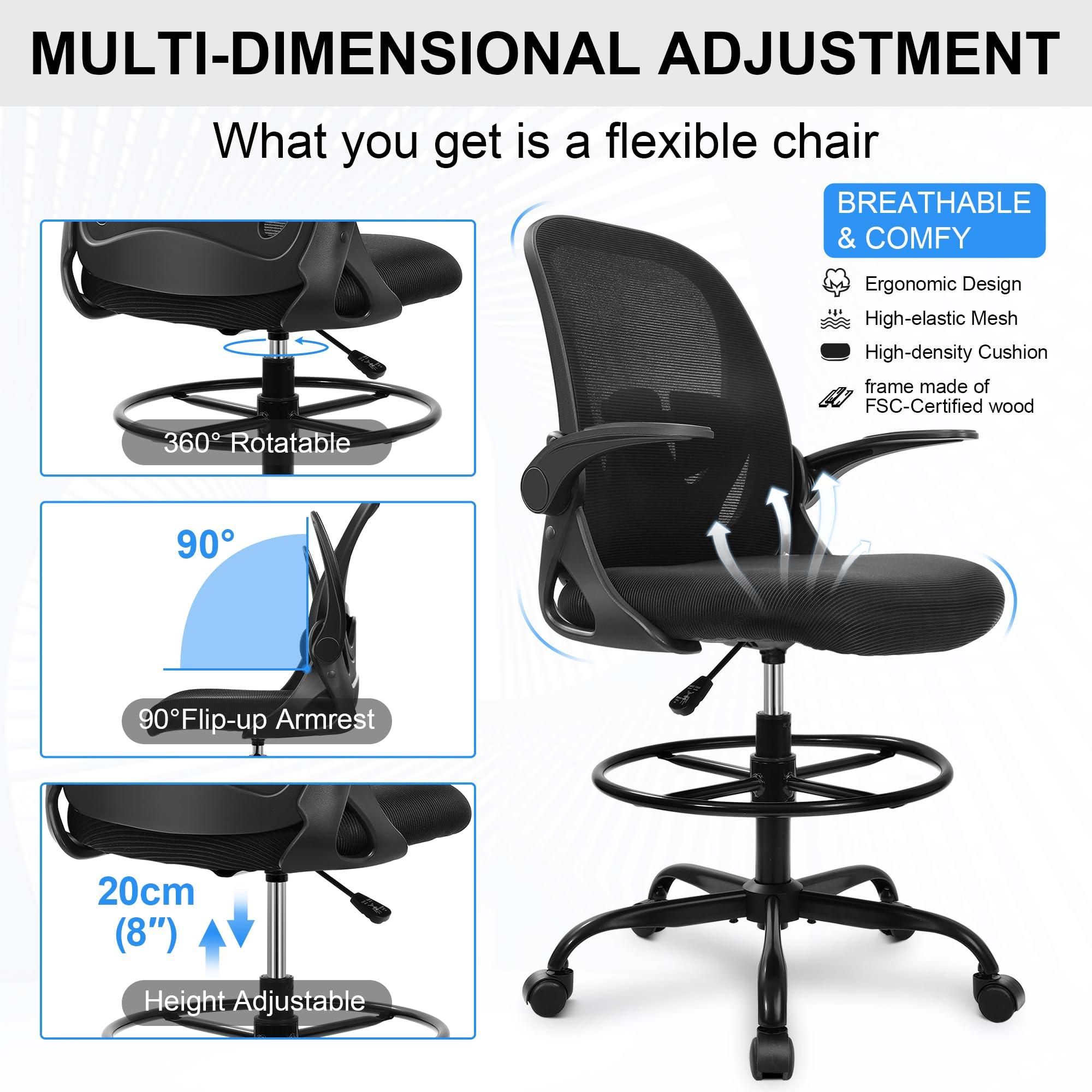 Primy Drafting Chair Tall Office Chair with Flip-up Armrests Executive Ergonomic Computer Standing Desk Chair with Lumbar Support and Adjustable Footrest Ring (Black) - Image 7