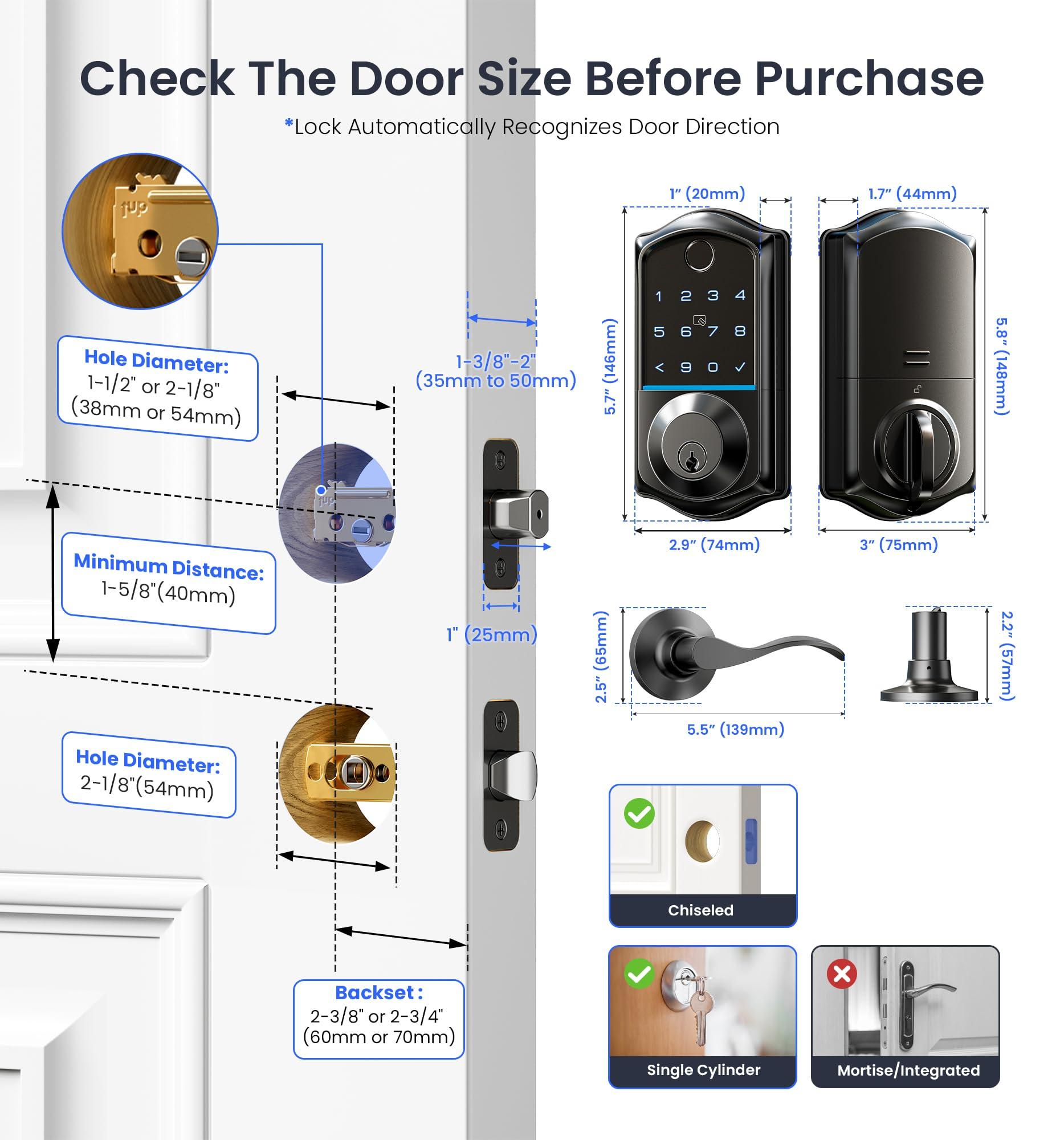 Veise VE017-L Fingerprint Smart Lock with 2 Lever Handles, Keyless Entry Front Door Lock Set, App Control, Electronic Digital Keypad Deadbolt, Easy Installation, Emergency Power Port, Matte Black - Image 6