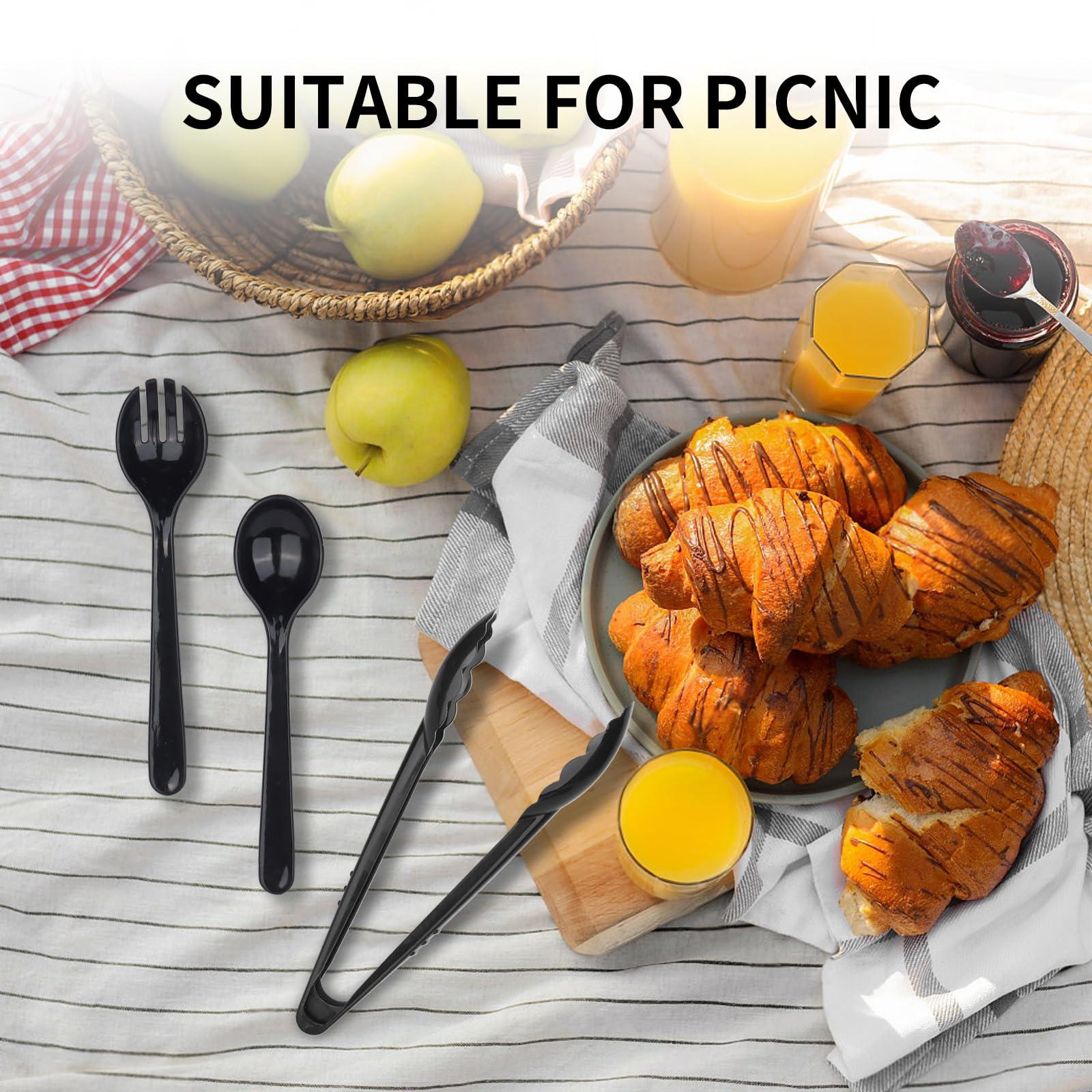 36 PCS Disposable Serving Utensils for Party - 12 Set Including Black Plastic Spoons, Tongs and Forks - Image 6