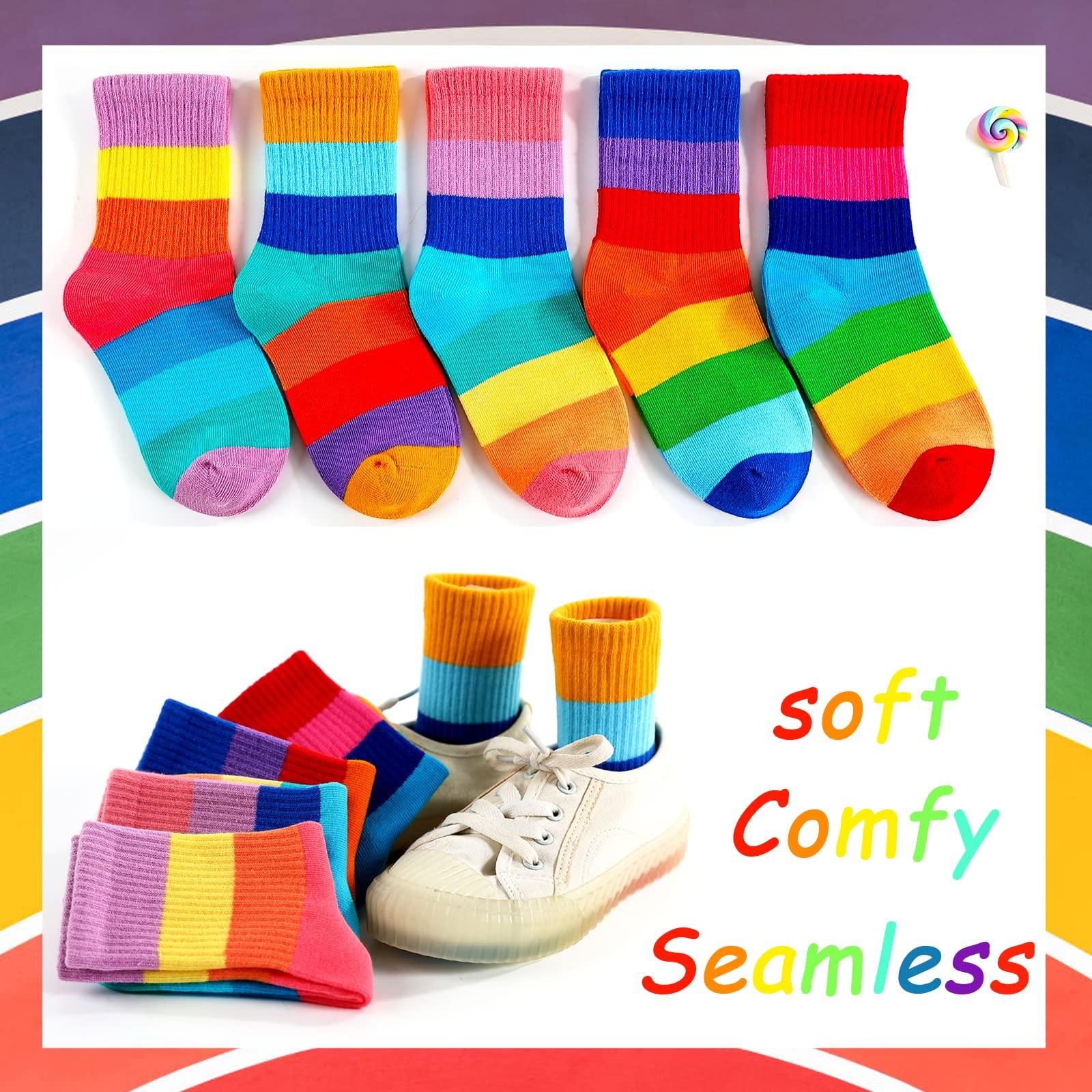 Hakugoo Kids Crew Socks - Seamless Rainbow Stripes for Boys Girls - Cotton Athletic Unisex Cute Fun Boot Socks - 5 Pairs - Image 7