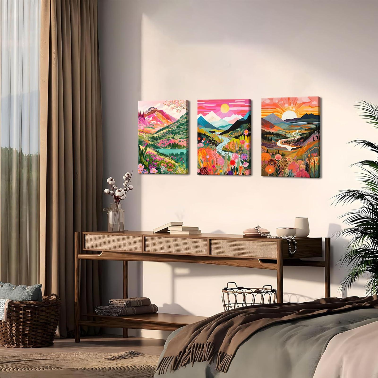 3Pcs Colorful Watercolor Mountain Canvas Wall Art Boho Floral Painting Picture Wall Decor Abstract Nature Landscape Poster Print Artwork for Living Room Bedroom Bathroom Office Home Decoration - Image 5