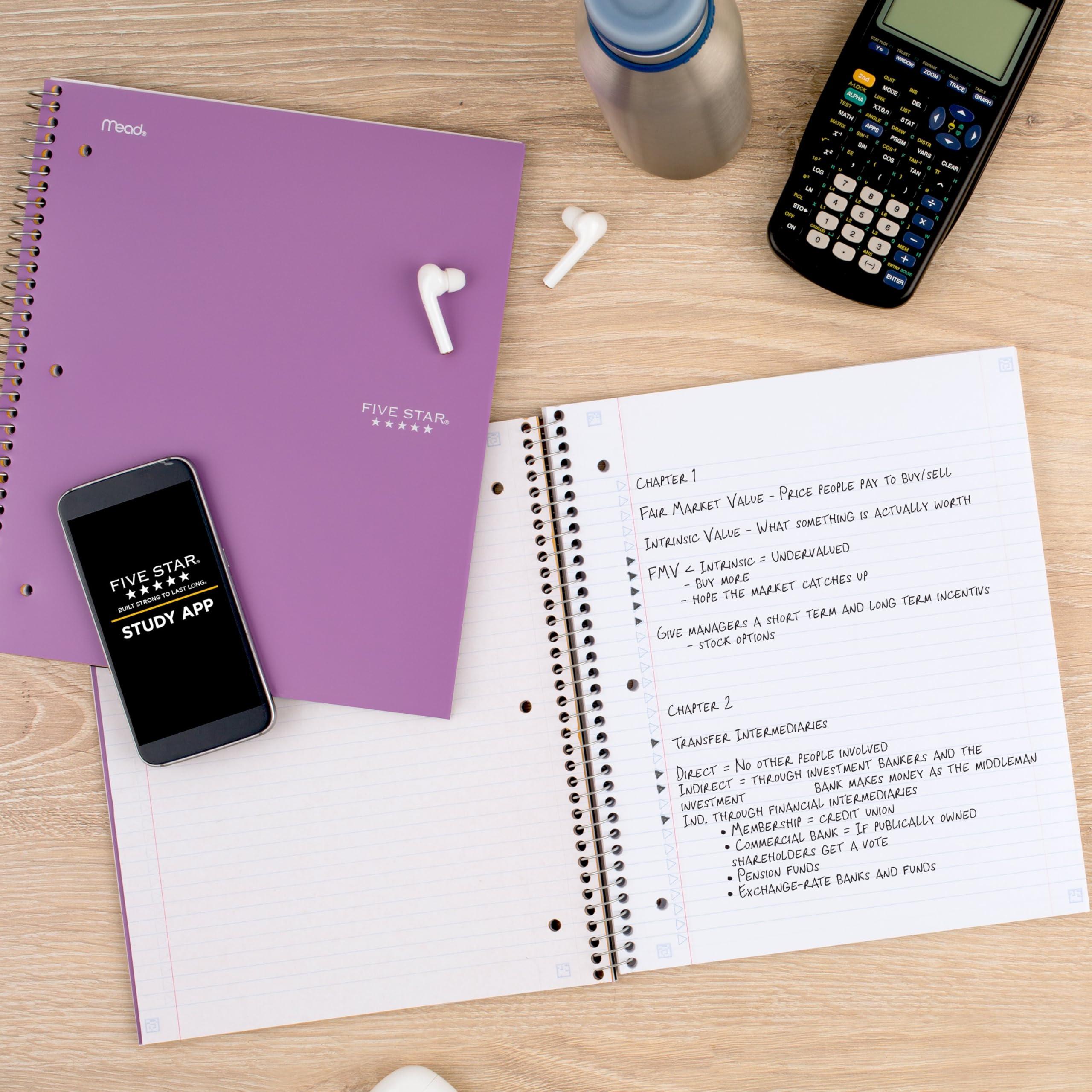 Five Star Spiral Notebook + Study App, 4 Pack, 1 Subject, College Ruled Paper, 8-1/2" x 11", 100 Sheets, Fights Ink Bleed, Water Resistant Cover, Amethyst Purple, Raspberry Pink, White and Seaglass Green (820337-ECM) - Image 8