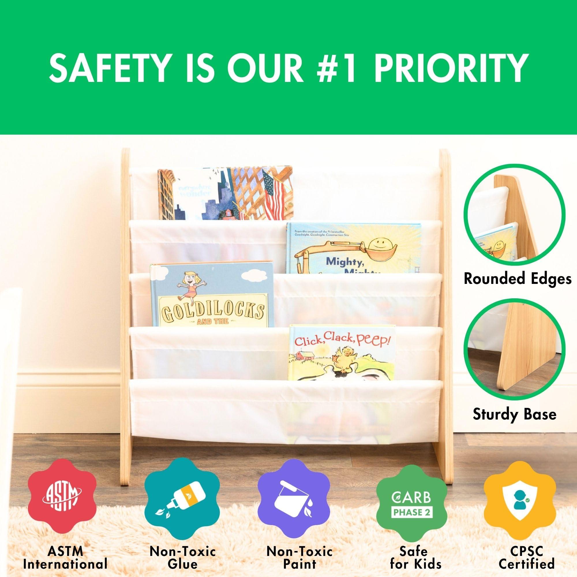 Humble Crew 4-Tier Kids Bookshelf, Natural Wood/White - Premium Book Shelf for Kids Rooms with Four Deep Pockets - Toddler Sling Book Rack with Deep Sleeves, Nursery Bookcase Organizer - Image 4