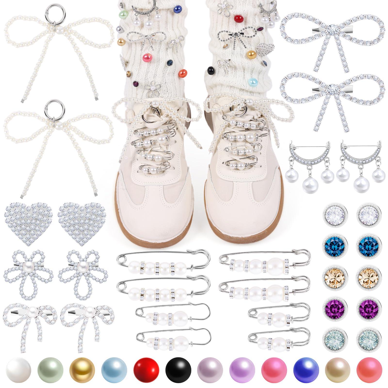 Odiwellan Silver Charms for Socks, Shoe Charms for Sneakers, Bling Pearl Brooch Pins, Buttons, and Charms for Junk Socks; Stylish Shoe Pins for Women’s Sneakers, Socks, Clothes, and Hat Decoration