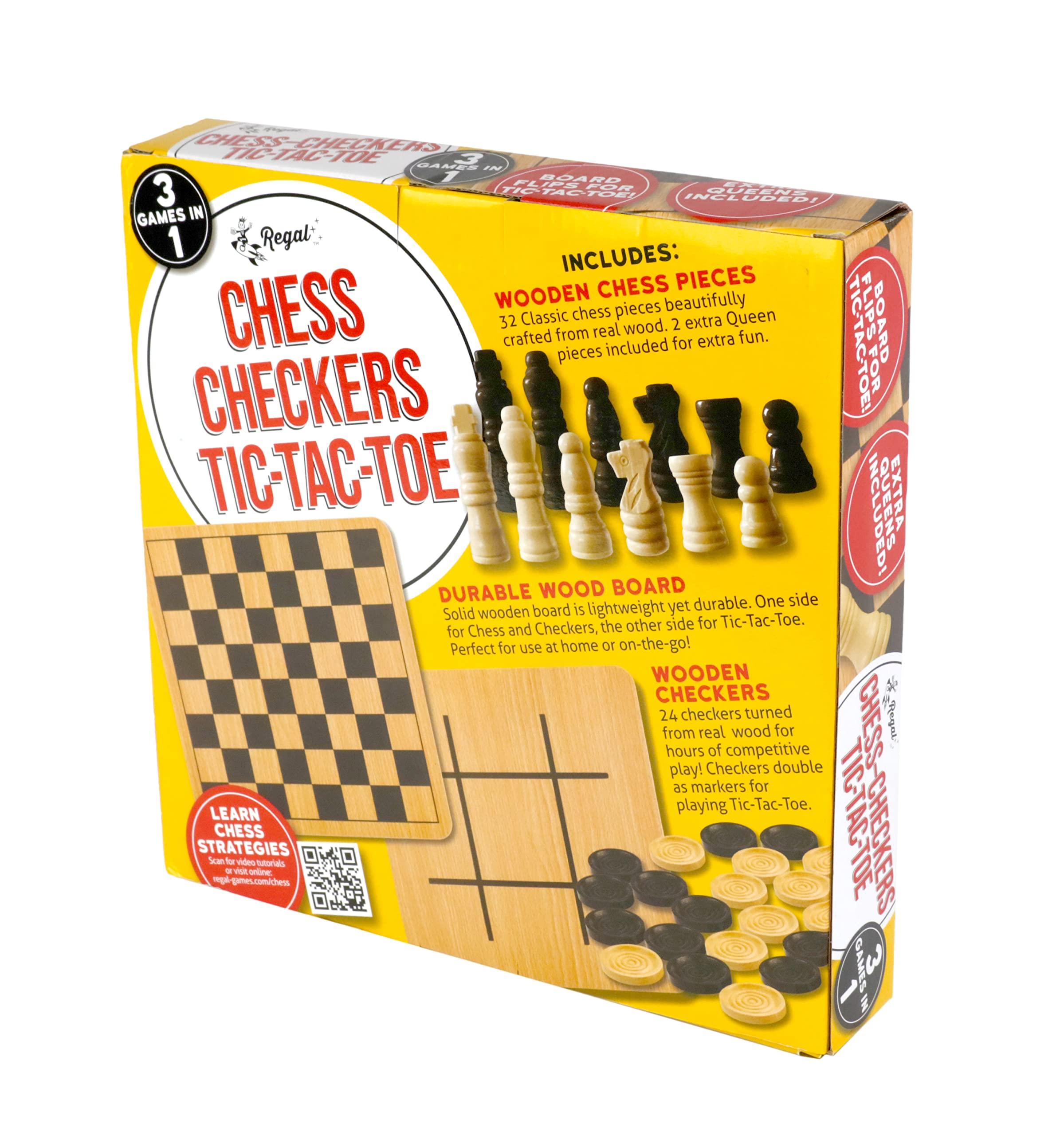 Regal Games - Reversible Wooden Board for Chess, Checkers & Tic-Tac-Toe - 24 Interlocking Wooden Checkers and 32 Standard Chess Pieces - for Age 8 to Adult for Family Fun - Image 8