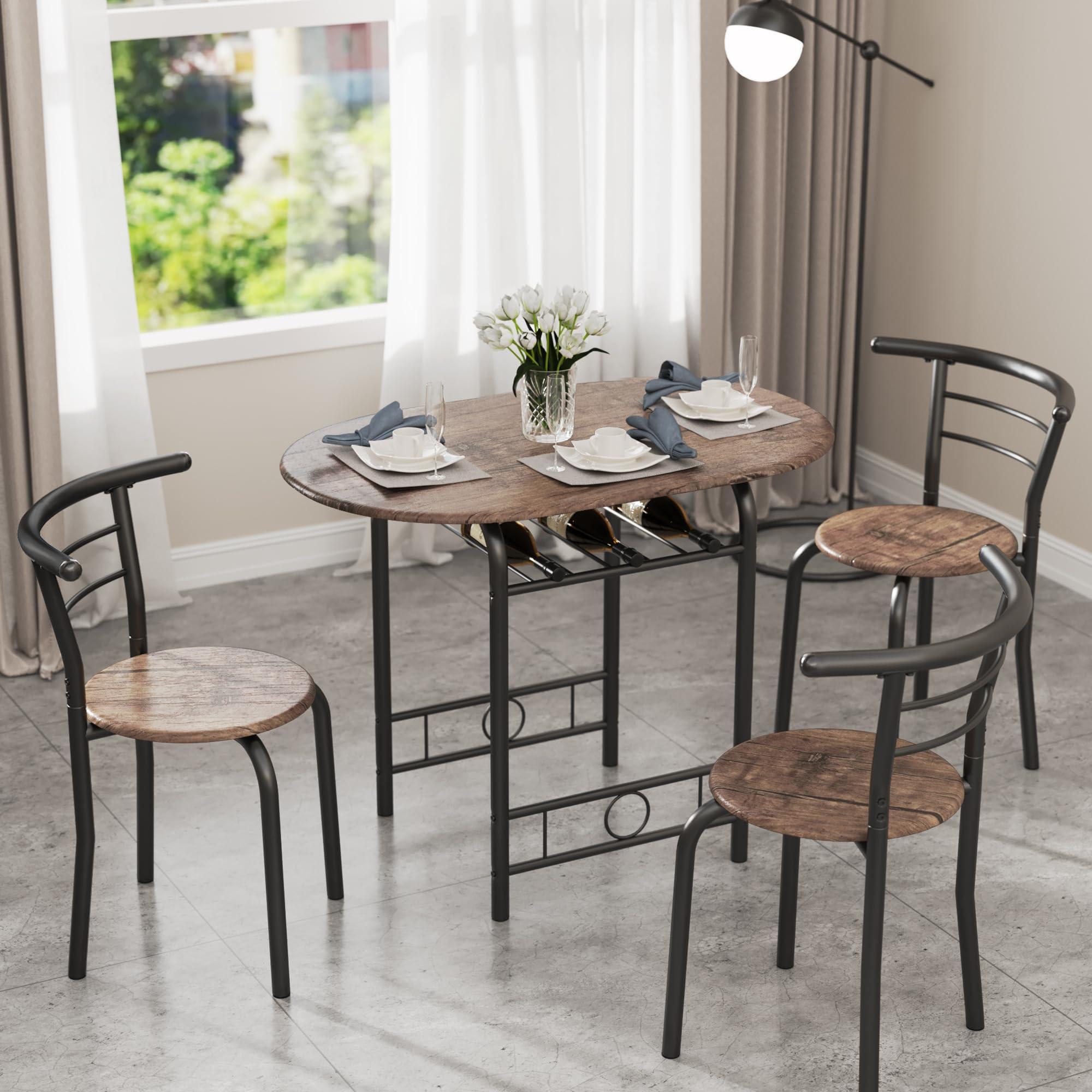 JUMMICO 3-Piece Wooden Round Table & Chair Set, Space Saving Kitchen Breakfast Nook Wood Grain Tabletop with Metal Frame and Built-in Wine Rack for Kitchen, Dining Room (Brown/Black) - Image 7