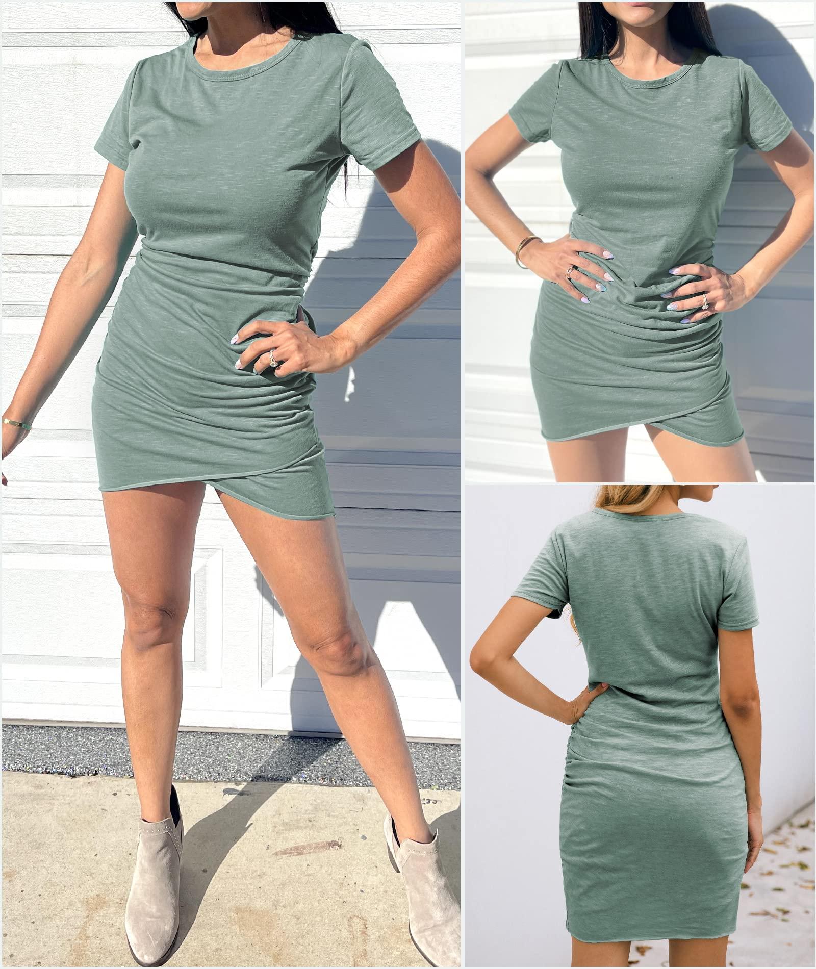 BTFBM Women's 2025 Summer Casual Beach Dresses Crew Neck Short Sleeve Wrap Party Club Mini Ruched Bodycon T Shirt Dress - Image 5