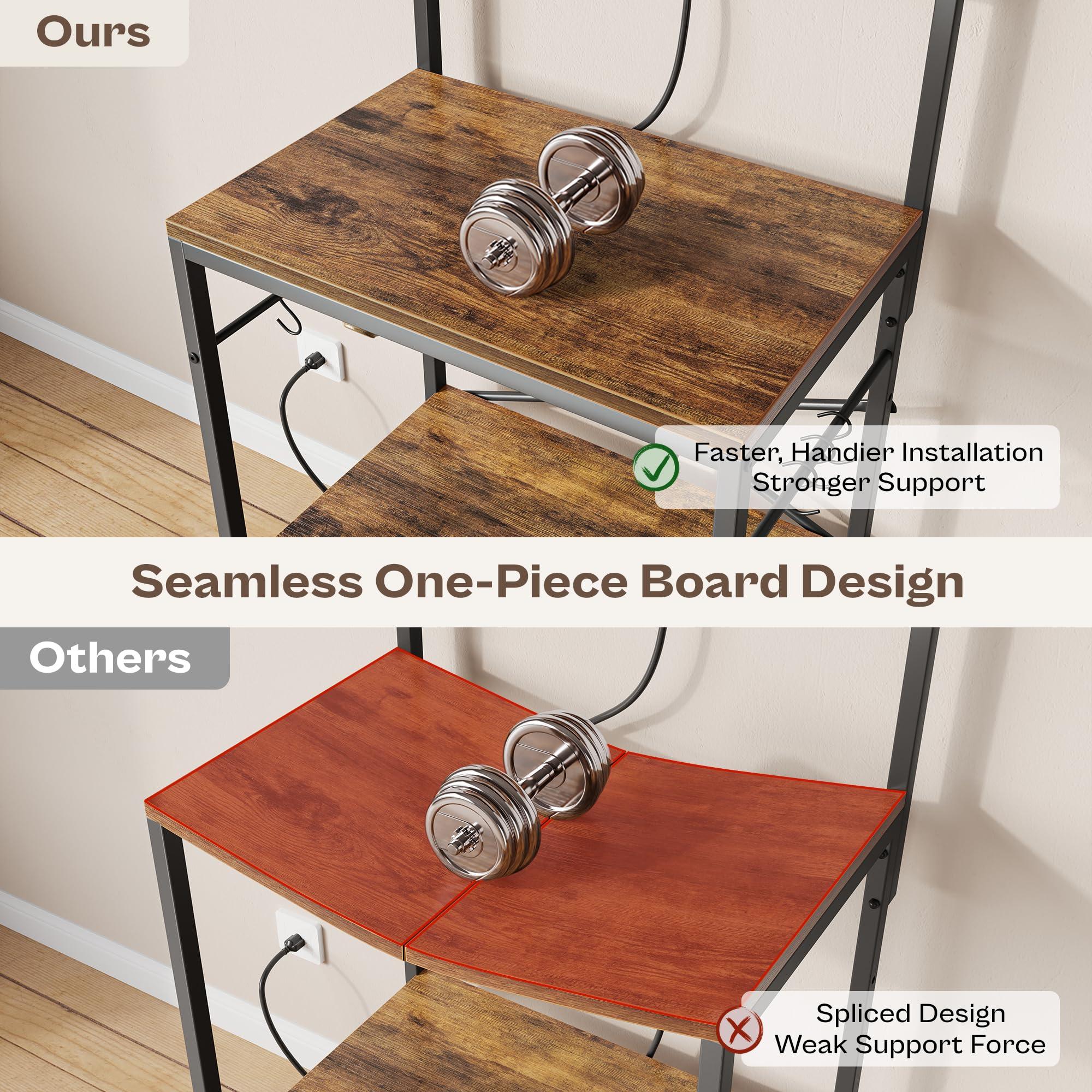 SUPERJARE Kitchen Bakers Rack with Power Outlet, Coffee Bar Table 4 Tiers, Kitchen Microwave Stand with 6 S-shaped Hooks, Storage Shelf Rack for Spices, Pots and Pans - Rustic Brown - Image 5
