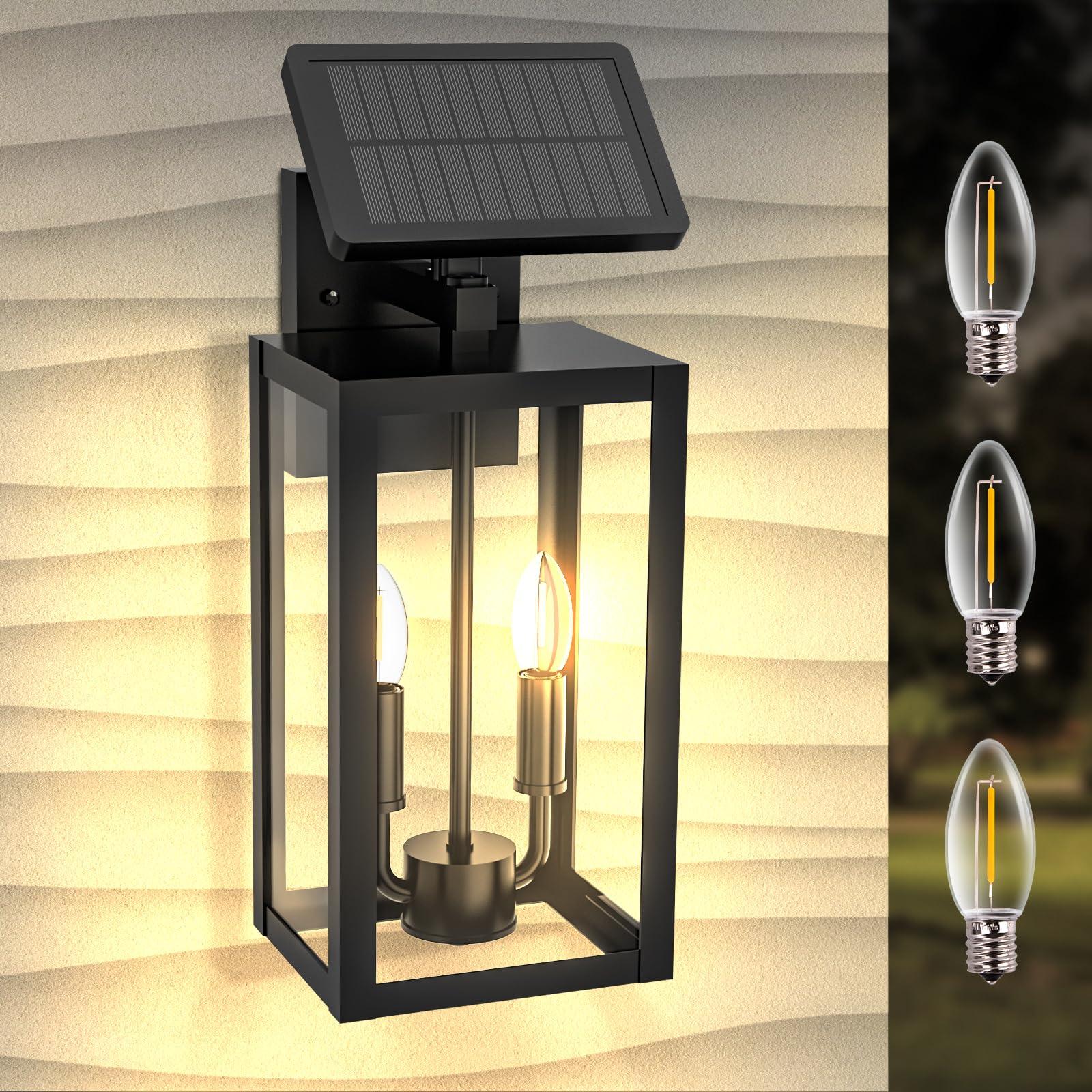 CNCHUROU 16" Dusk to Dawn Outdoor Wall Lights Fixtures With Sensor, 2-Light Exterior Solar Wall Lights Outdoor, Black, Modern Style, Waterproof, IP65, 240 Lumen, 1 Pack