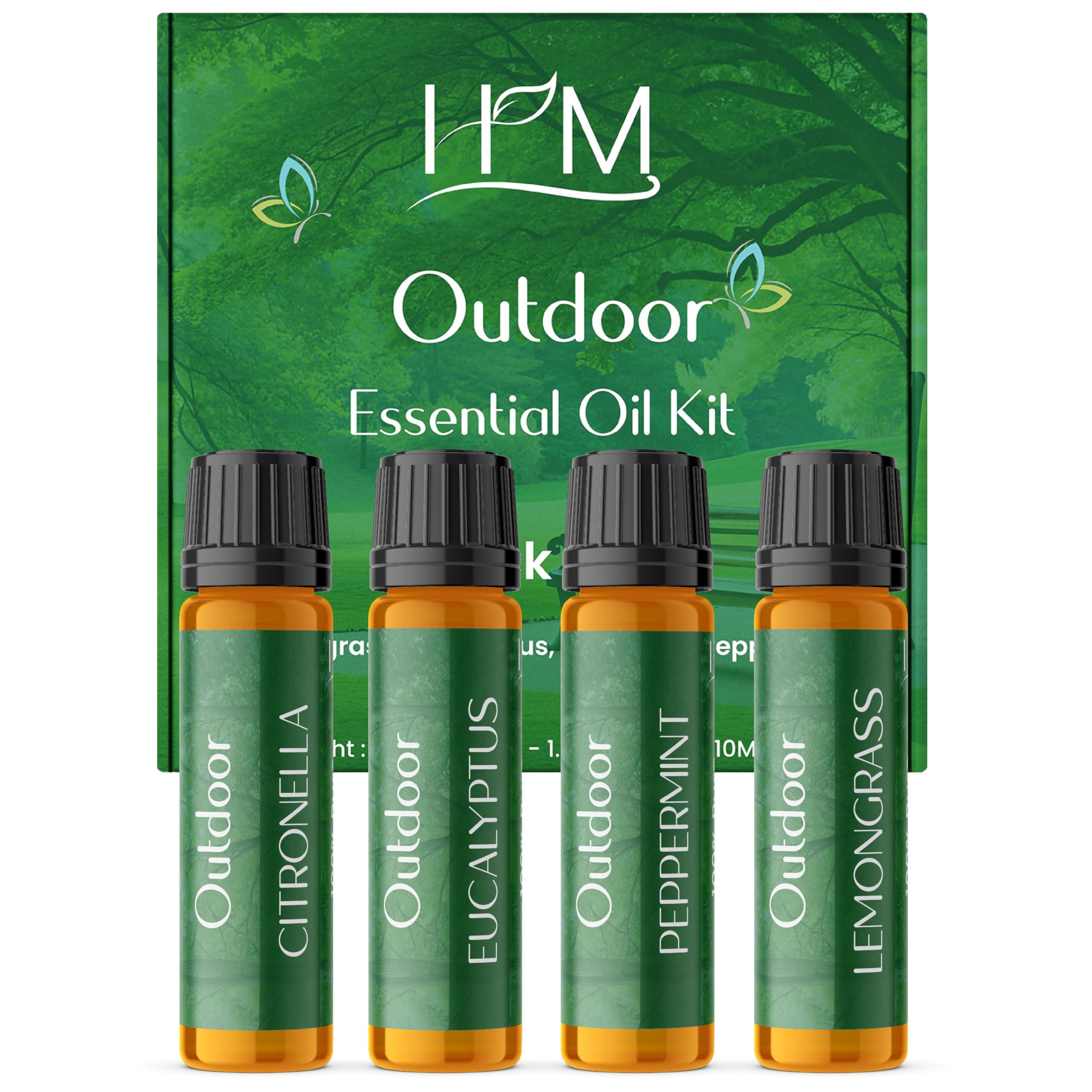 HM Outdoor Essential Oil Kit – 4 Pack | Gift Set | Lemongrass, Eucalyptus, Citronella, Peppermint | Refreshing Aromatherapy for Camping, Patio & Outdoor Use – 1.35 FL OZ Each
