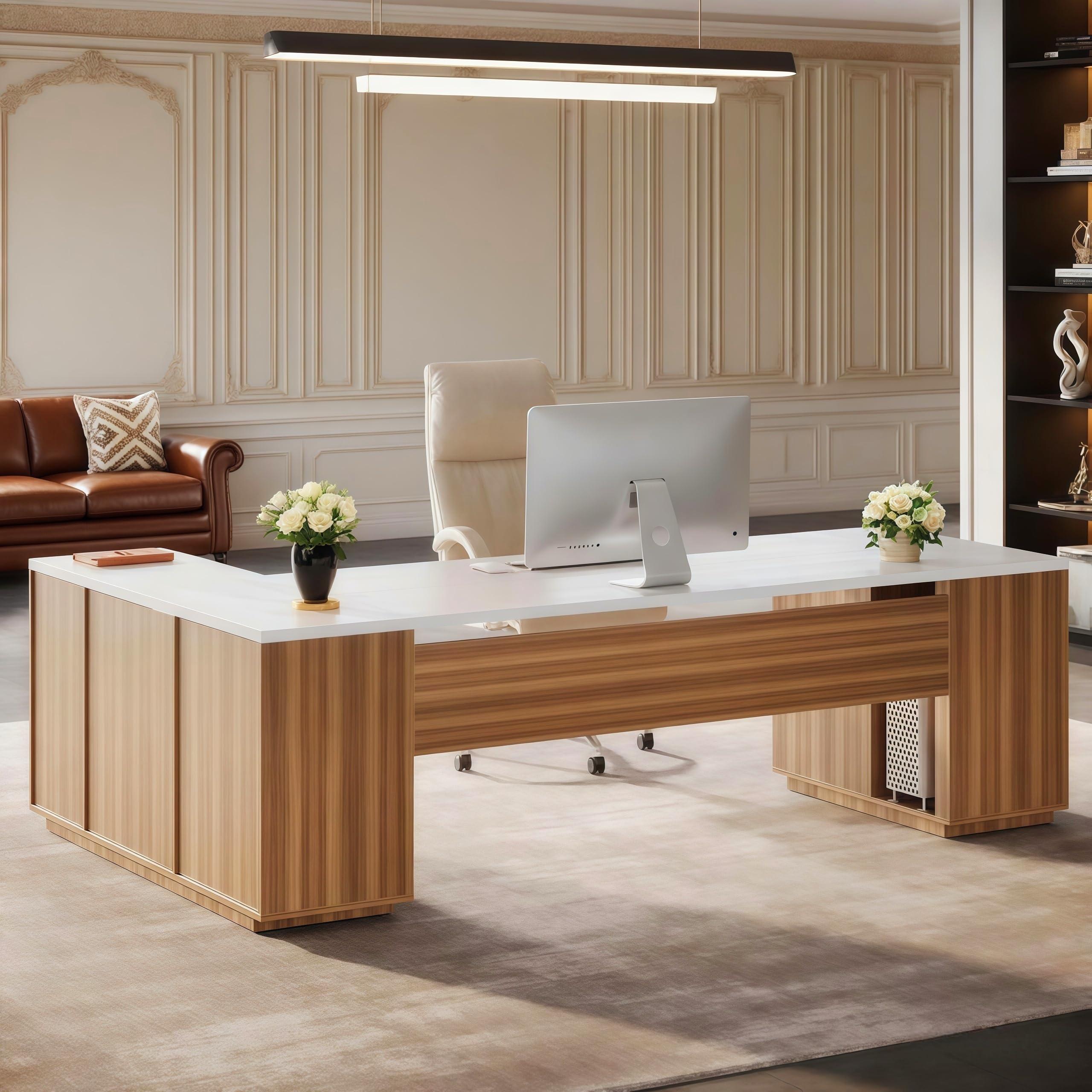 Tribesigns 85.8" L-Shaped Executive Desk, Extra Large Office Desk with File Drawers, Modern Business Furniture, Computer Desk Workstation with Door Cabinet, Shelves for Home Office, White & Brown - Image 4