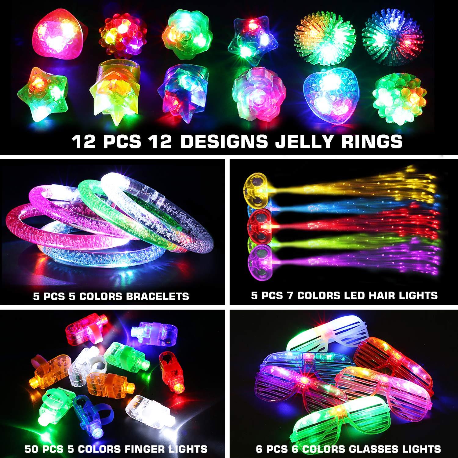 78PCs LED Light Up Toy Party Favors/Supplies Bulk Glow In The Dark For Adult Kids Birthday Halloween With 50 Finger Light, 12 Jelly Ring, 6 Flashing Glasses, 5 Bracelet, 5 Fiber Optic Hair Light - Image 4