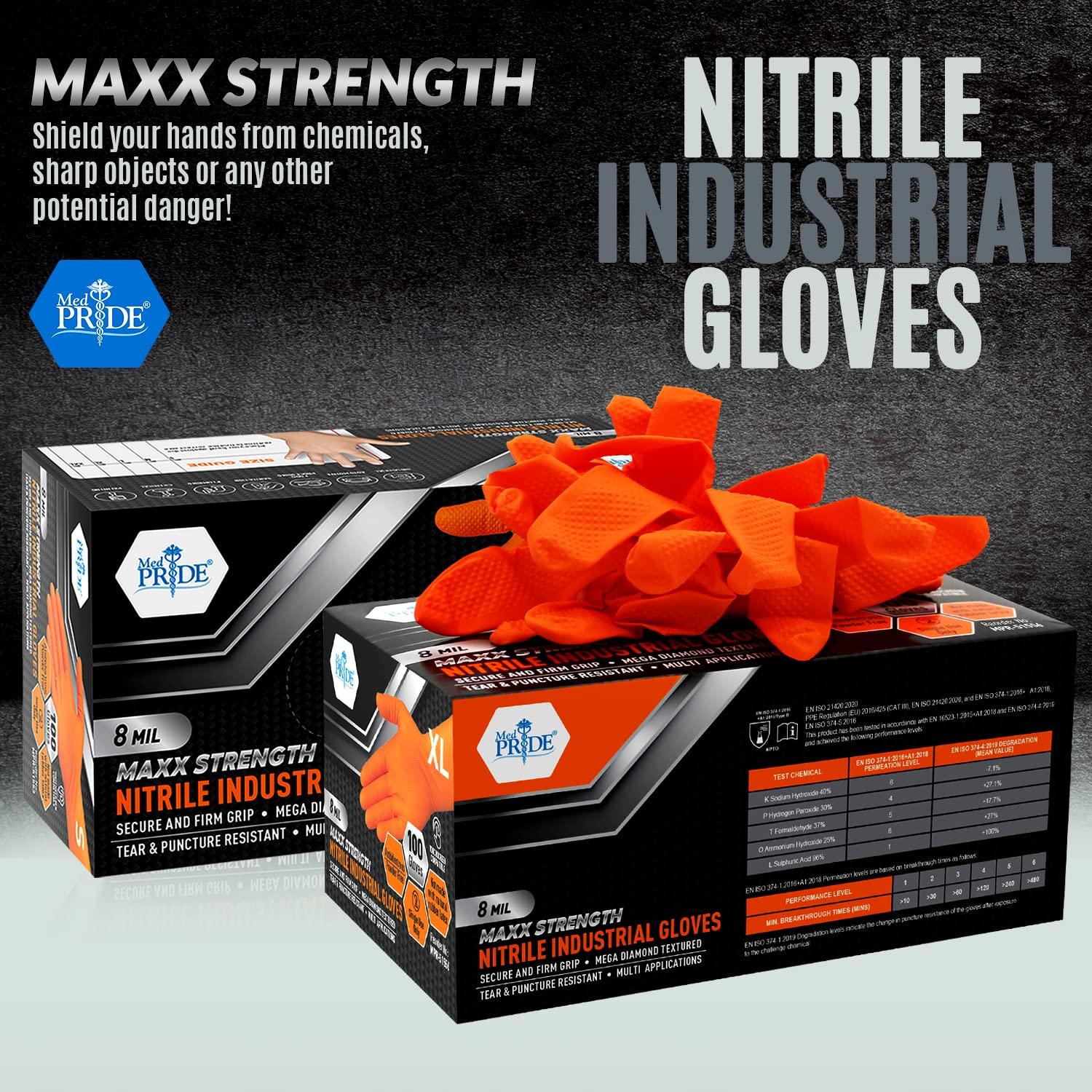 MED PRIDE Maxx Strength Nitrile Industrial Orange Gloves, 8 Mil Thick - Diamond Texture Disposable Heavy-Duty, Tear-Resistant - Image 2