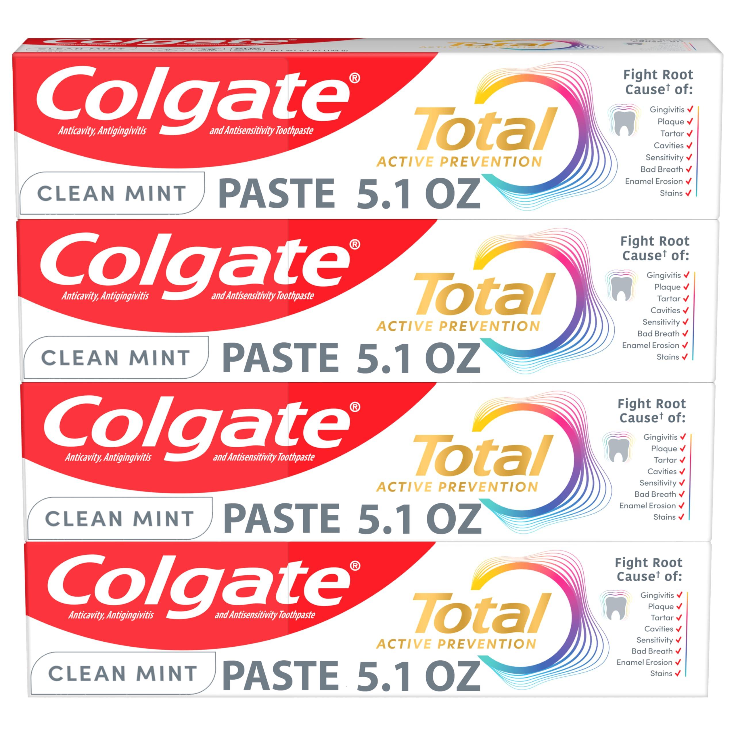 Colgate Total Clean Mint Toothpaste, 10 Benefits, No Trade-Offs, Freshens Breath, Whitens Teeth and Provides Sensitivity Relief, Clean Mint Flavor, 4 Pack, 5.1 Oz Tubes
