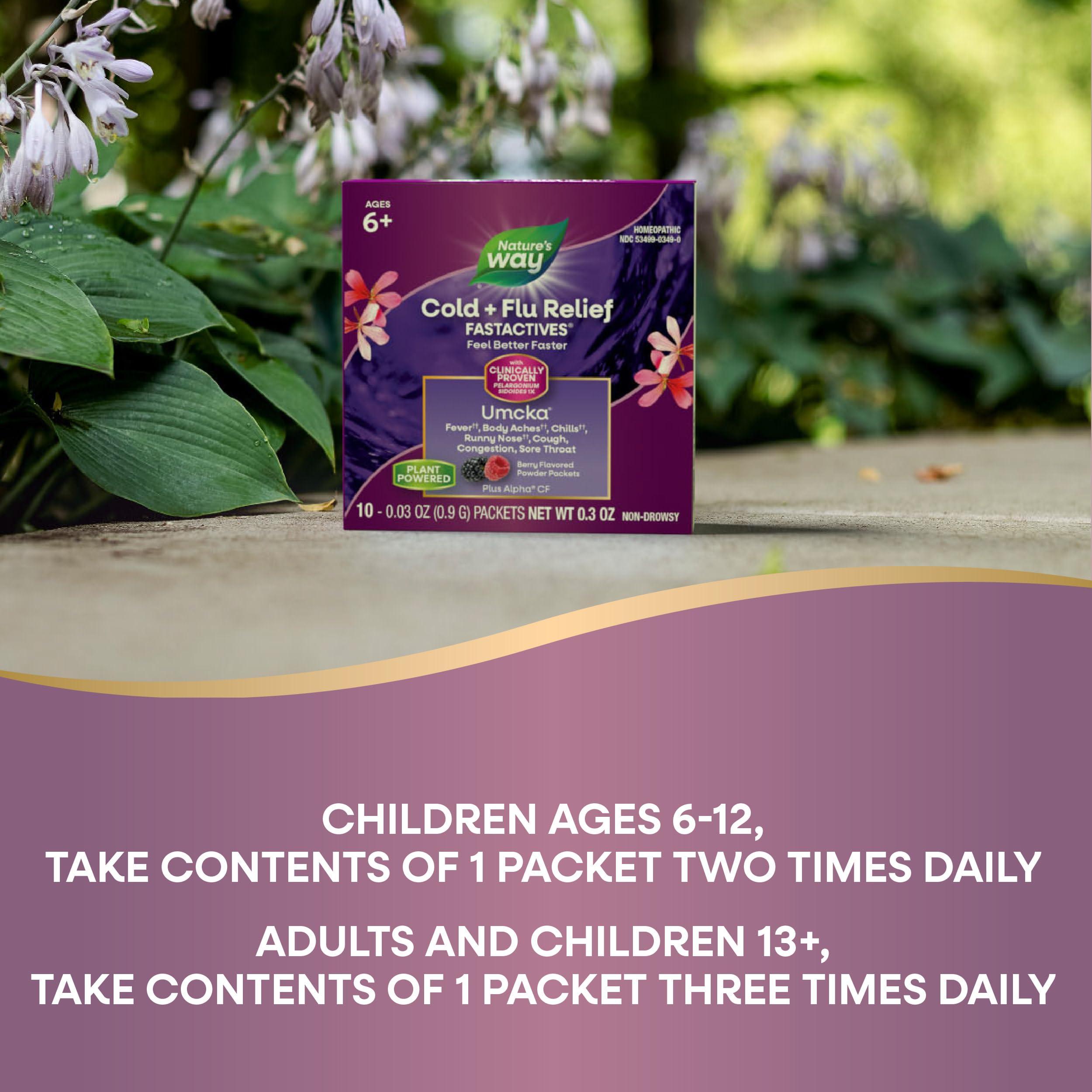 Nature's Way Cold + Flu Relief FastActives, Umcka, Homeopathic, Fever*, Sore Throat, Cough, Congestion, Body Aches*, Phenylephrine Free, Non-Drowsy, Berry Flavored, 10 Packets (Packaging May Vary) - Image 6