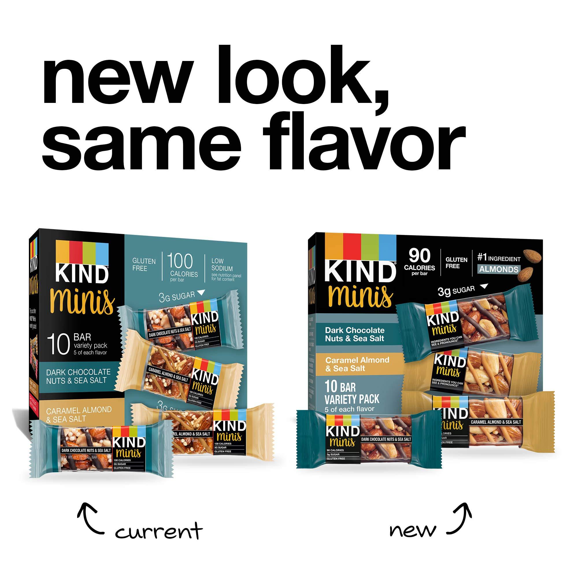 KIND Minis Snack Bars, Dark Chocolate Nuts & Sea Salt and Caramel Almond & Sea Salt, 3g Sugar, Gluten Free Bars, Variety Pack, 0.7 OZ, (20 Count) - Image 4