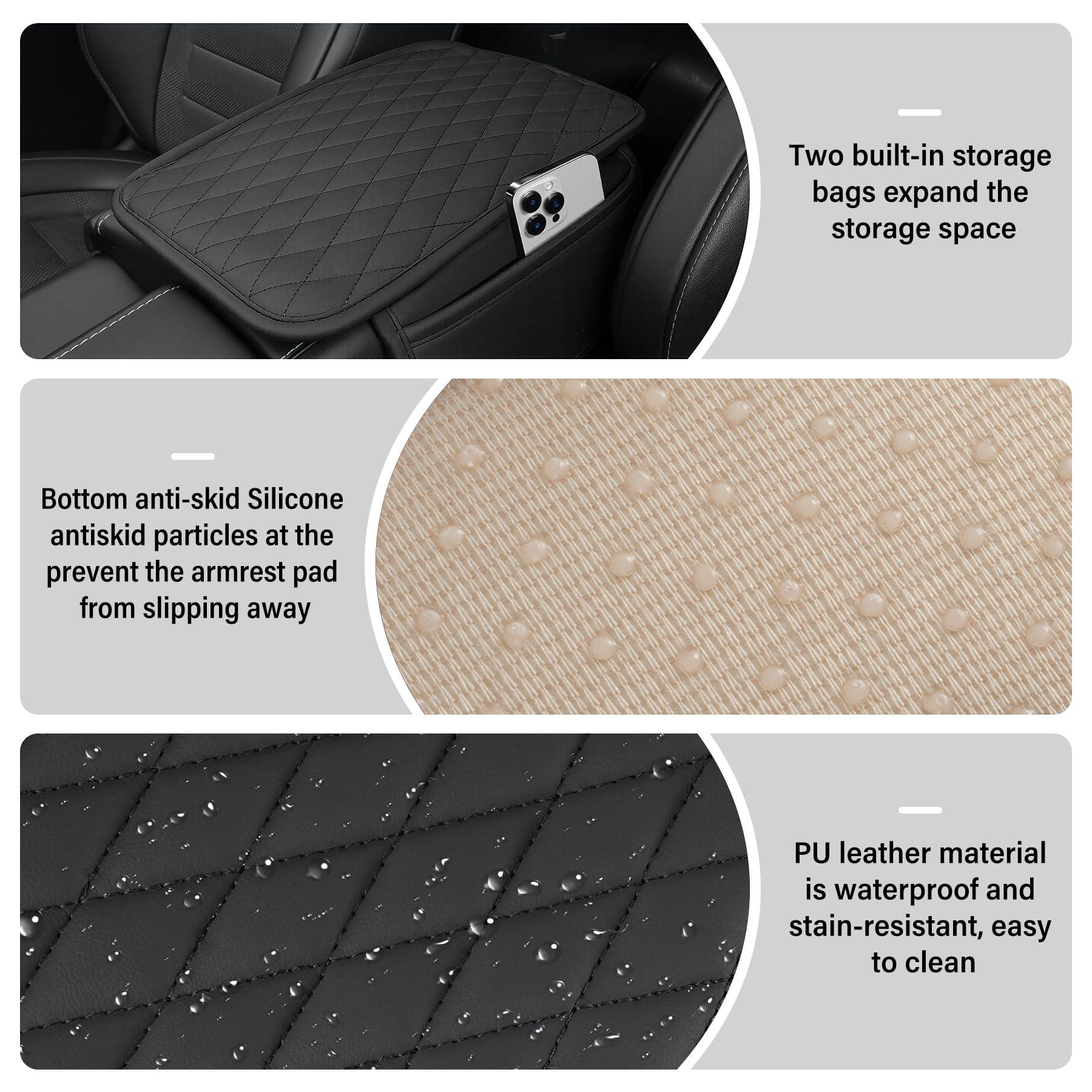 Amiss Car Center Console Cover, Upgraded Leather Car Armrest Cushion with 2 Storage Pockets, Universal Waterproof Cushion Pad, Non-Slip Car Interior Accessories, Fits Most Sedans SUVs Trucks (Black) - Image 3