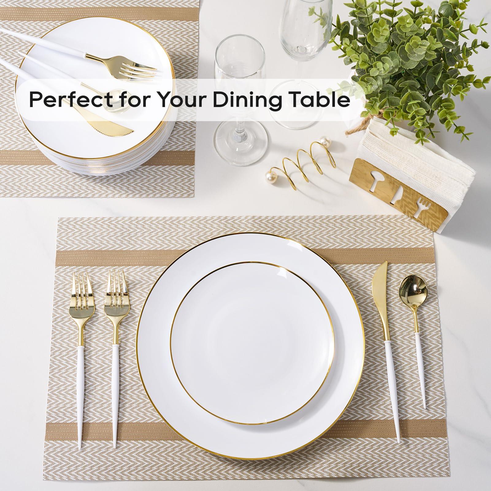 FOCUSLINE 100 Count Gold Plastic Plates 10.25 Inch, Disposable Heavy Duty Dinner Plates, Premium Hard Plastic Plate Fancy Disposable White Plate with Gold Rim - Image 7