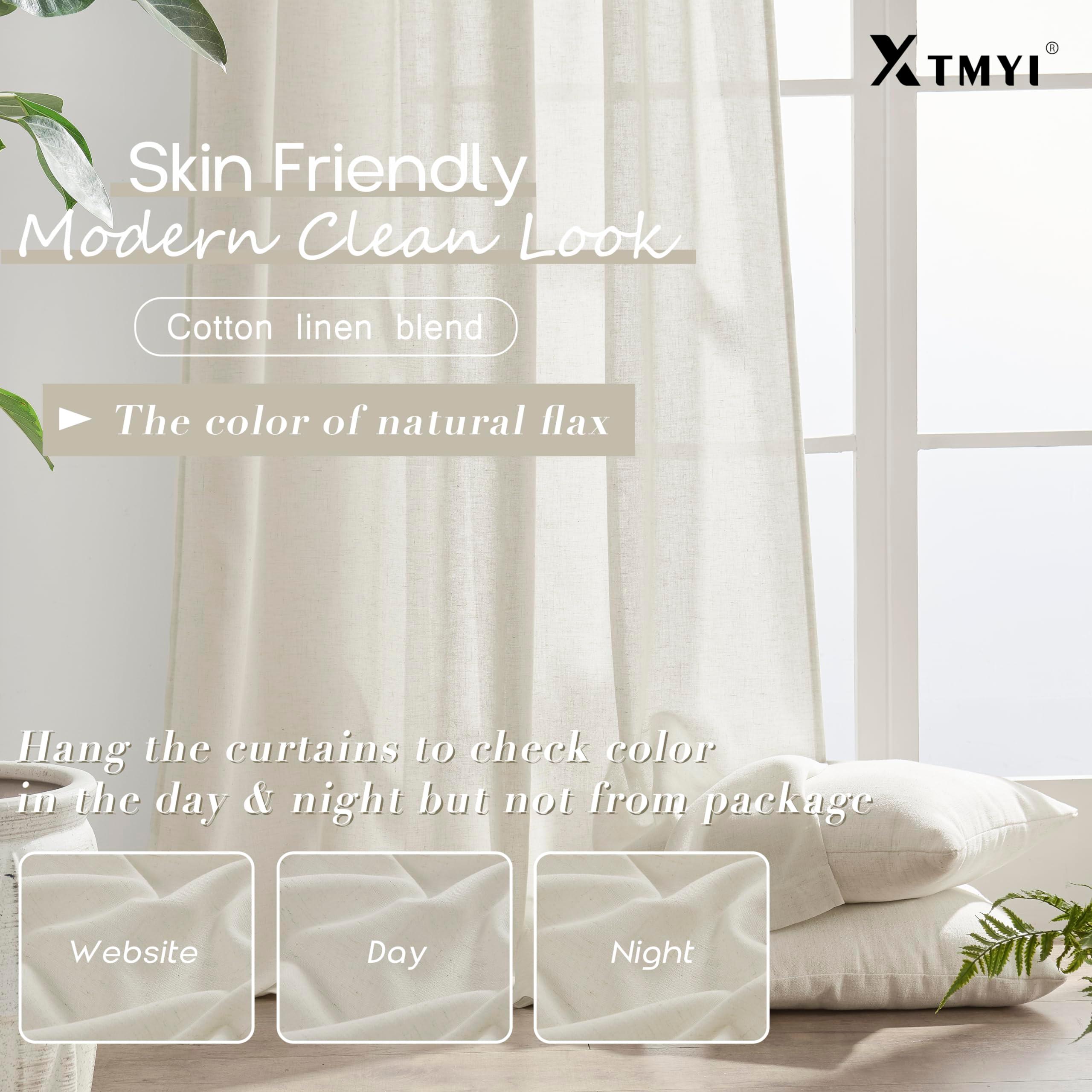 XTMYI Linen Cotton Farmhouse Curtains for Living Room Bedroom 84 Inches Long Two Sheer Hook Belt Pleated Back Tab Birch Off White Ivory Neutral Boho Sour Cream Curtain Drapes 84 Length 2 Panels Set - Image 4