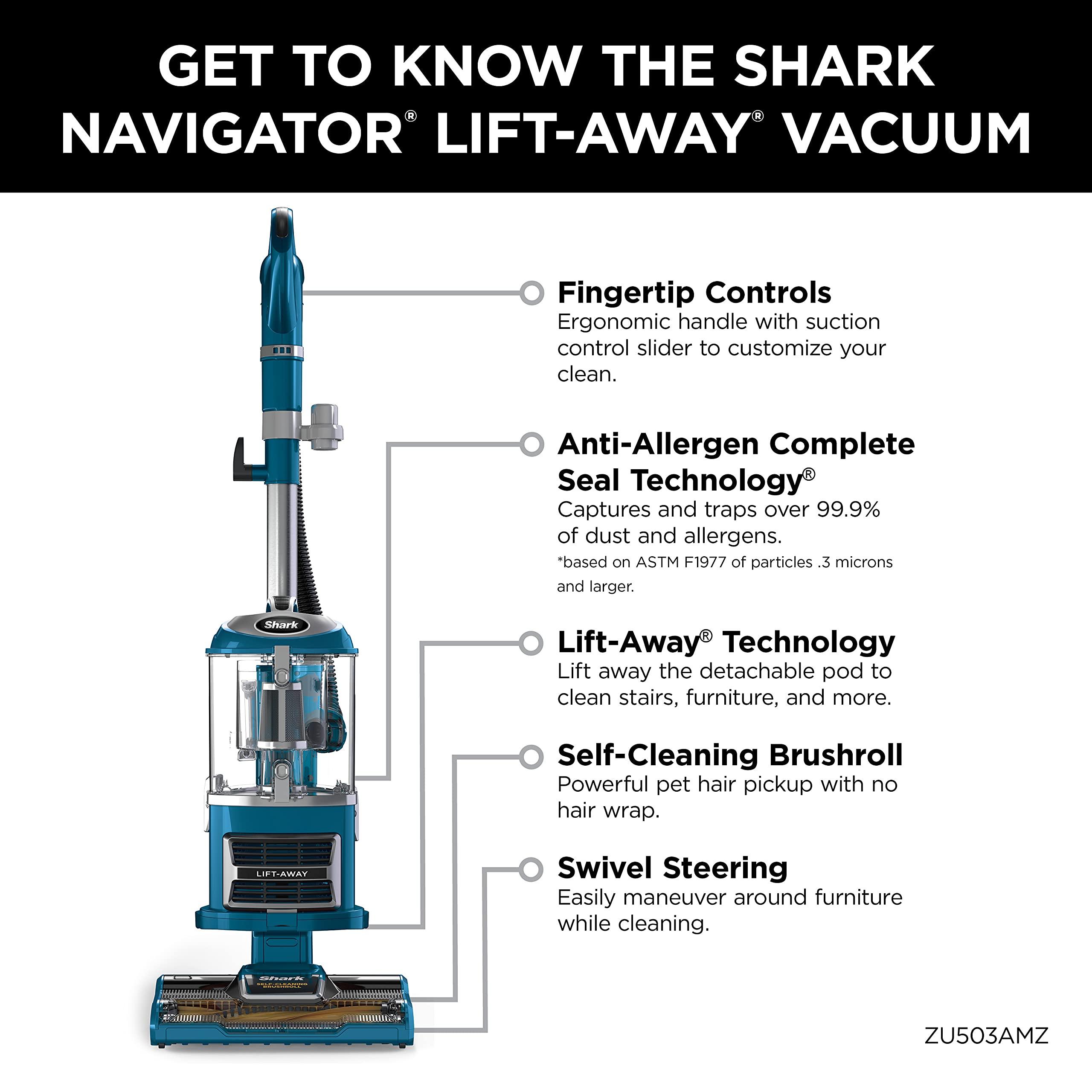 Shark Upright Vacuum, Navigator Lift-Away with Self-Cleaning Brushroll, HEPA Filter, Swivel Steering, Upholstery Tool & Pet Crevice Tool, Perfect for Pets & Multi-Surface, Teal, ZU503AMZ - Image 7