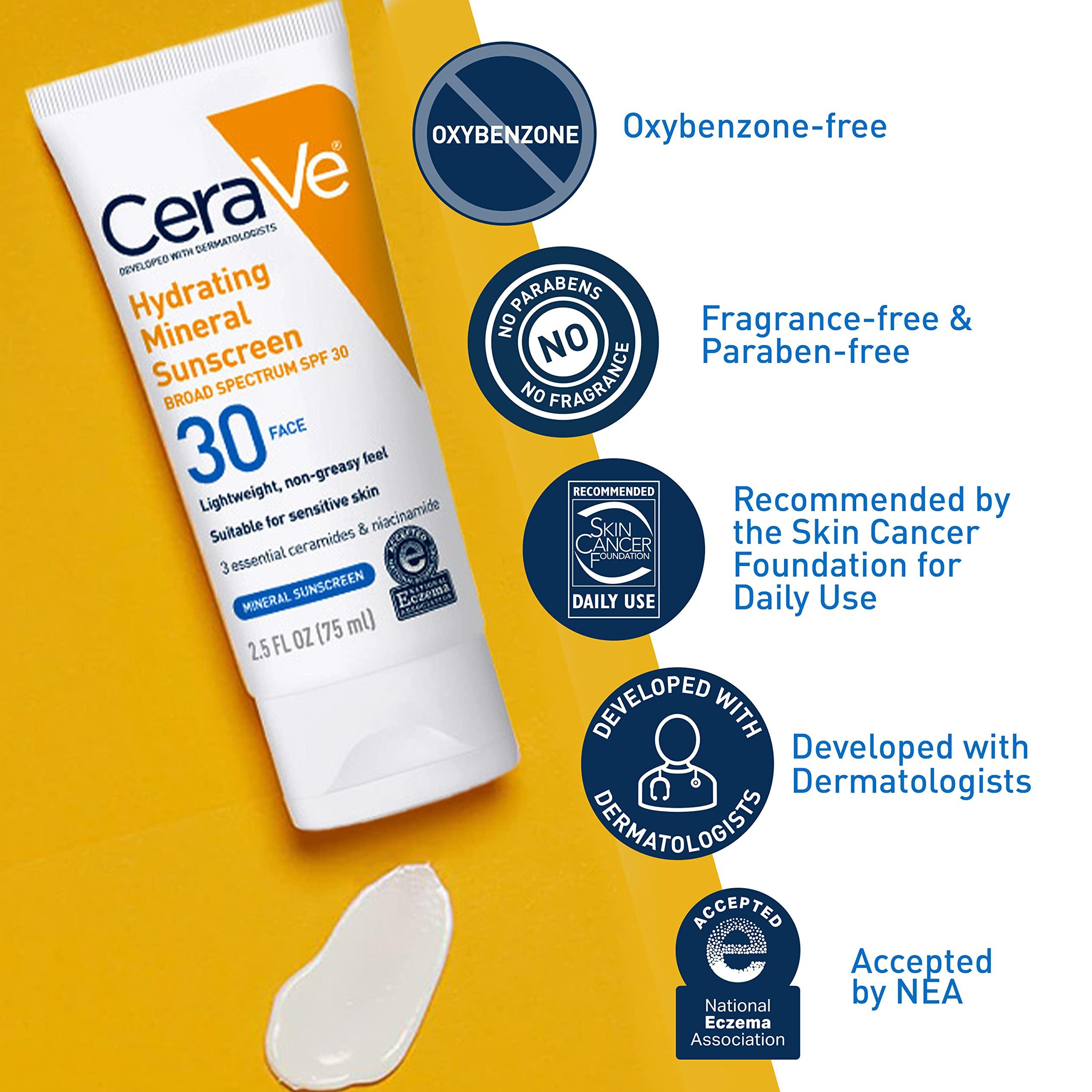CeraVe 100% Mineral Sunscreen SPF 30, Face sunscreen With Zinc Oxide & Titanium Dioxide, Hyaluronic Acid + Niacinamide + Ceramides, Oil Free, Travel Size 2.5 oz - Image 3