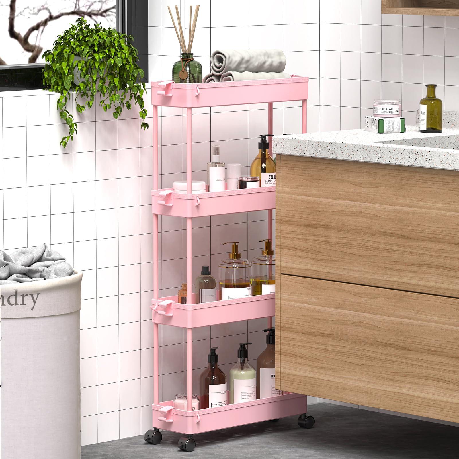SPACEKEEPER Slim Rolling Storage Cart 4 Tier Bathroom Organizer Utility Cart Mobile Shelving Unit Tower Rack for Kitchen, Laundry Room, Bathroom, Narrow Places, Pink - Image 6