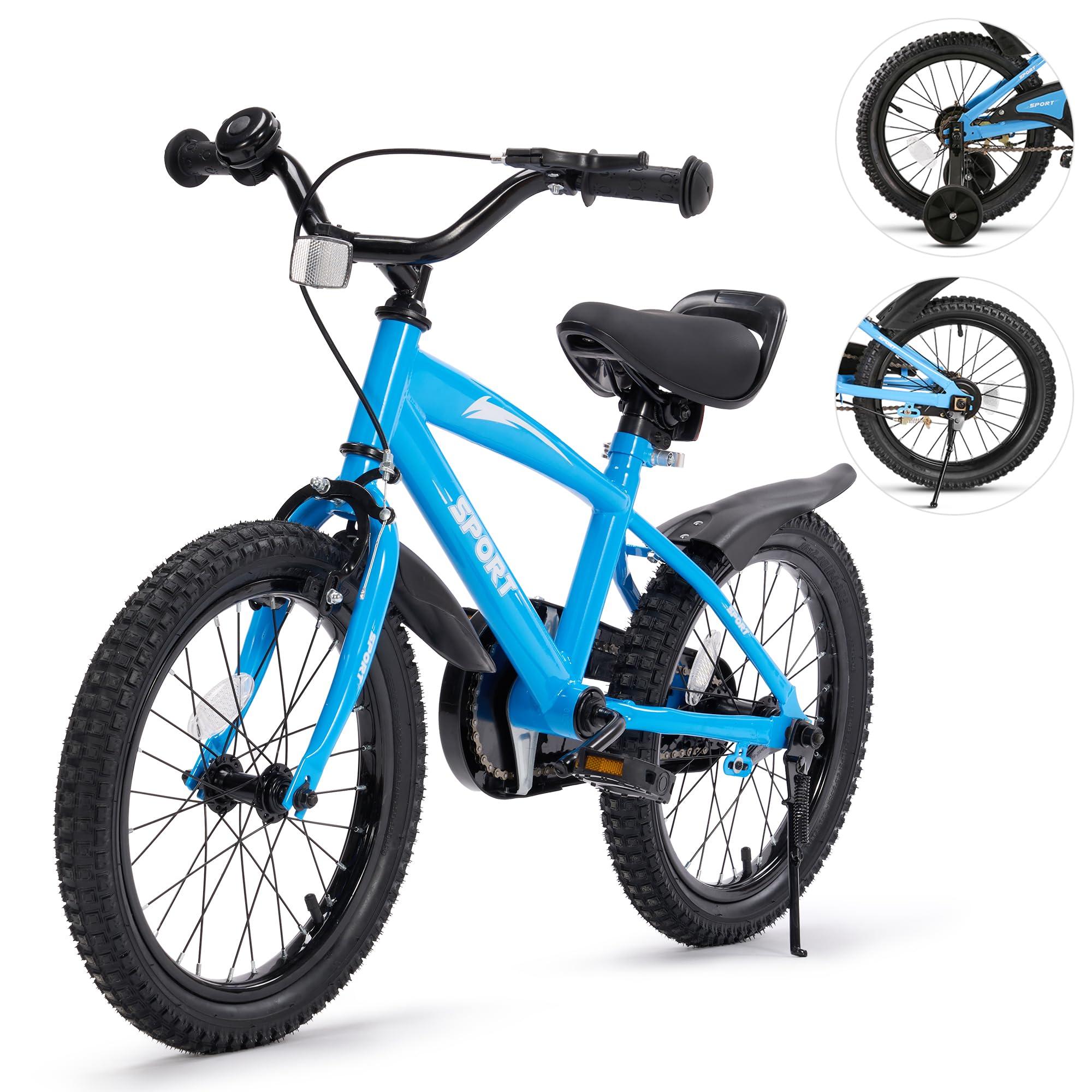 BODIOO Kids Bike for Boys Girls 16 Inches Kid Bicycle with Kickstand Training Wheels Sturdy Frame Adjustable Seat Handbrake and Coaster Brake Bell for Rider Height 41 to 46 Inch