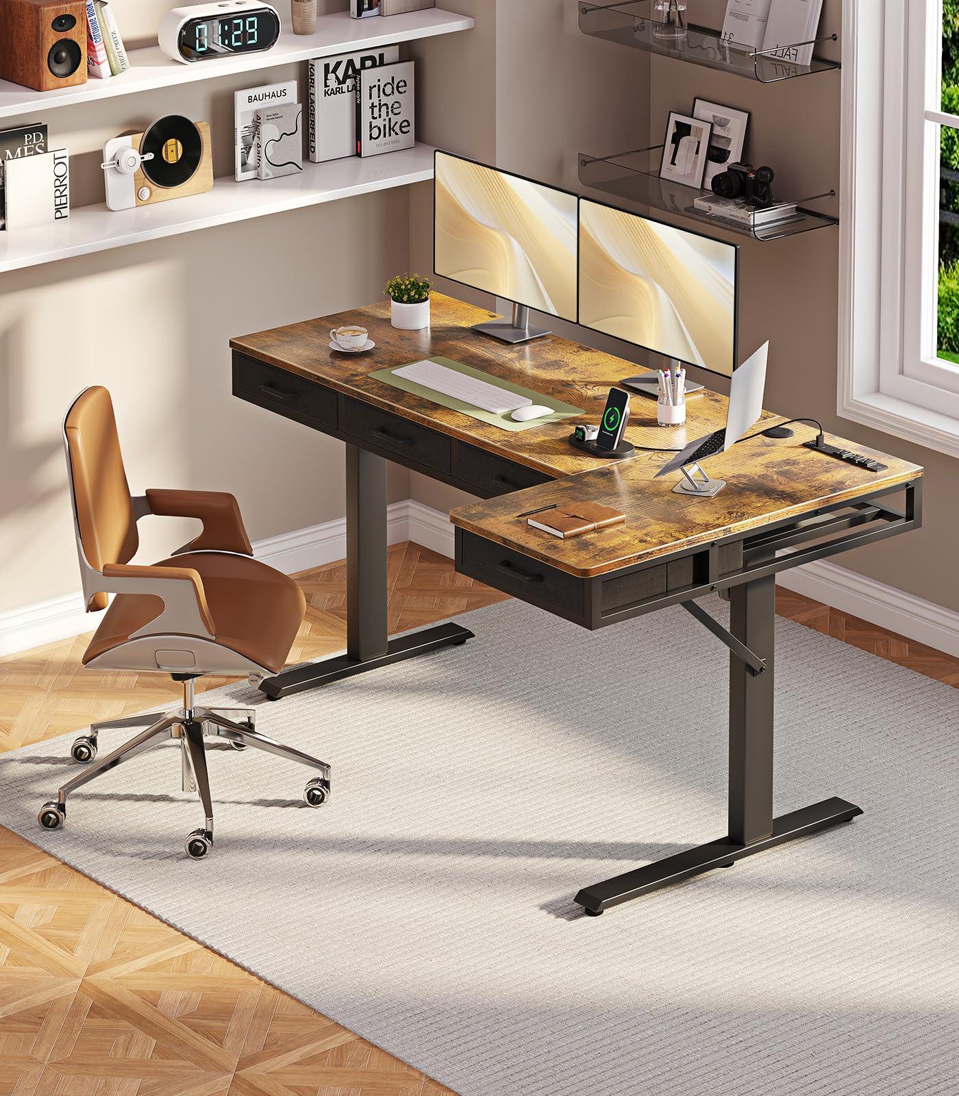 OffiGo 63 Inch L Shaped Electric Standing Desk with Drawers, Height Adjustable Large Desk with Power Outlets, Sit Stand Table, Writing Computer Desk for Home, Office, Workstation, Rustic Brown - Image 2