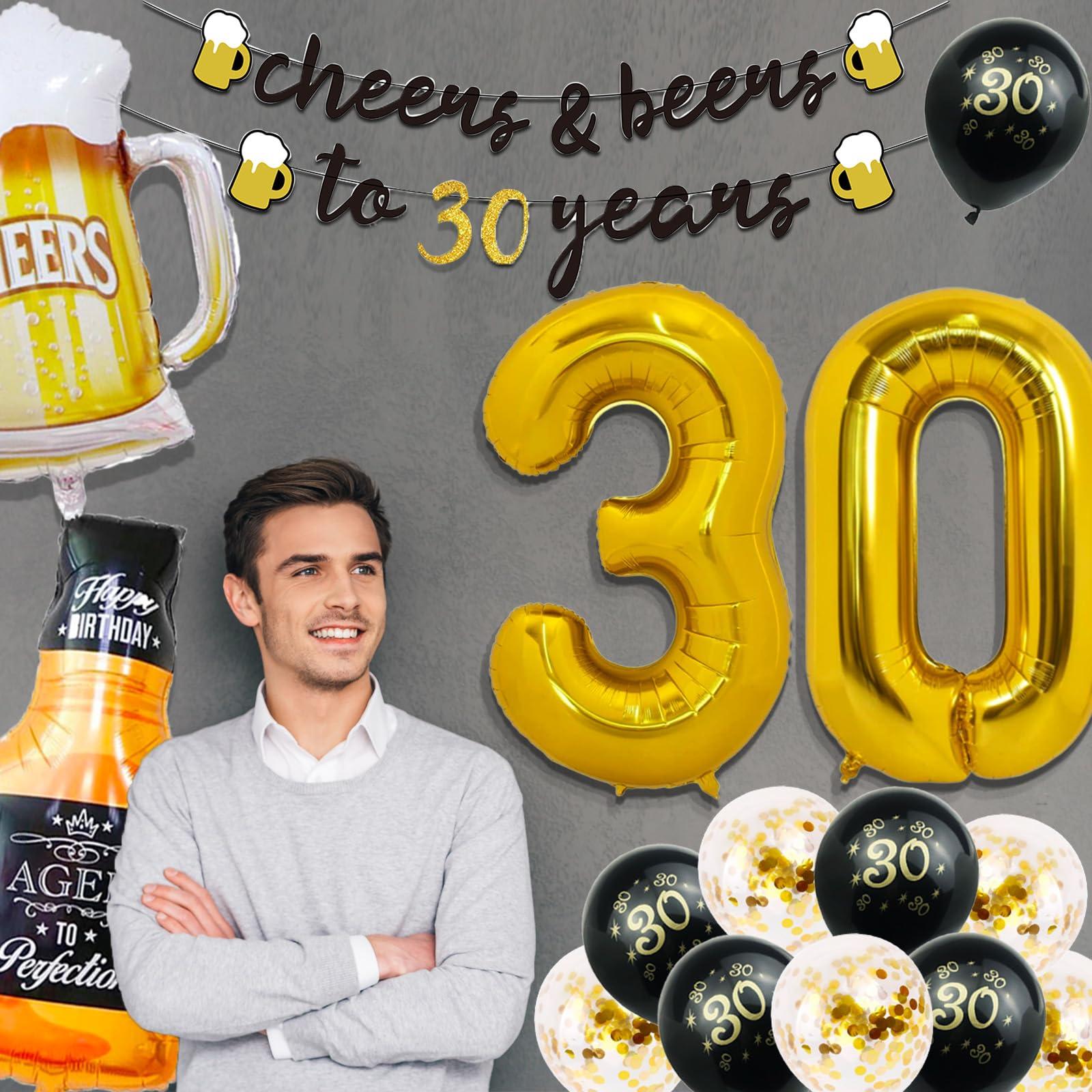 30th Birthday Decorations for Him, 30 Birthday Decorations with 40 Inch Gold 30 Number Balloons, Cheers to 30 Years Banner,Fringe Curtains and Cups Foil Balloons - Image 2